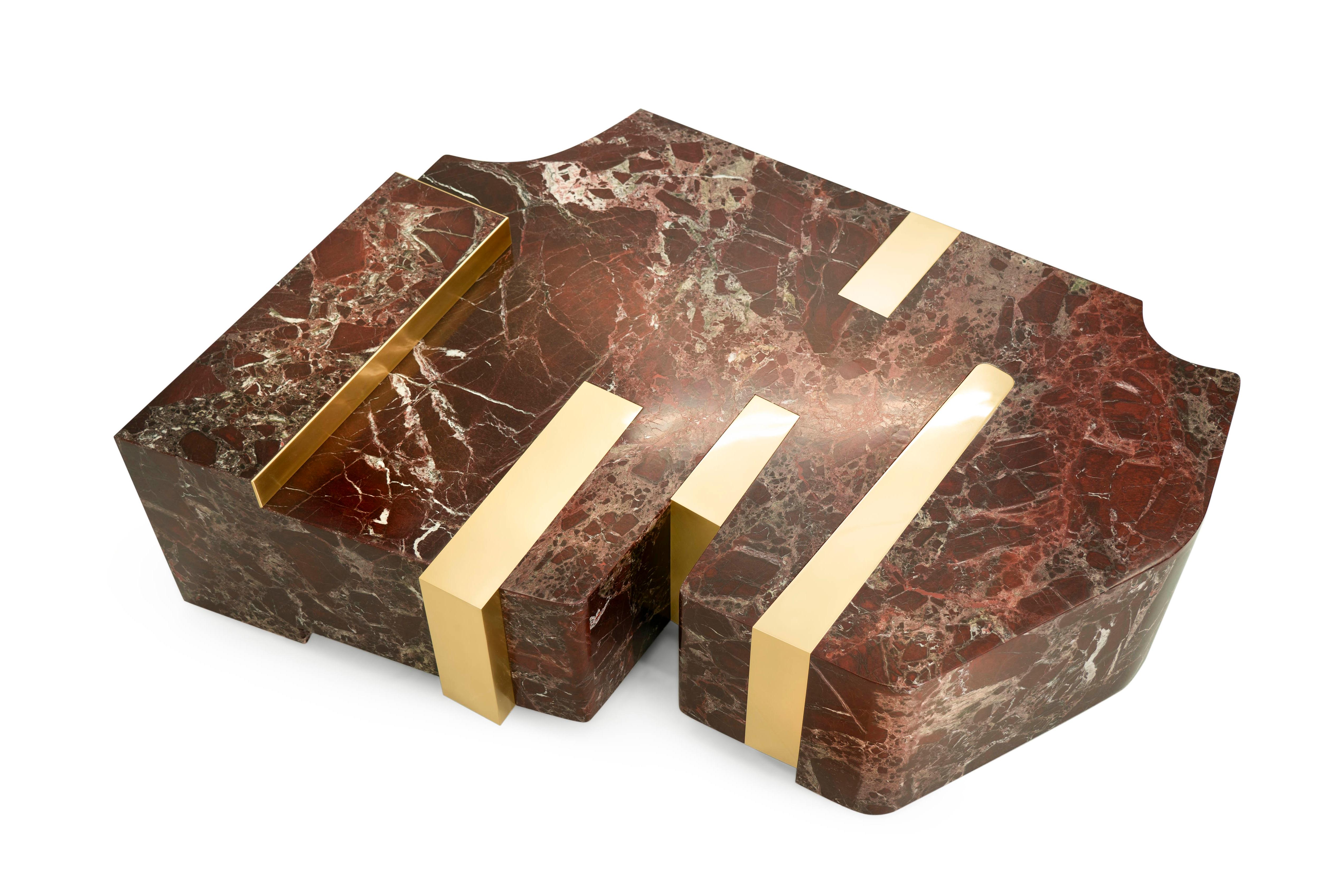 REY - 21st century European unique modern luxury center low table in red marble and brass.

If the truth be told, REY table is named after our newest and unforeseen team member, a Czechoslovakian wolfdog named Reya. There appeared an immediate