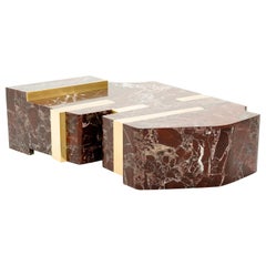 REY, 21st Century Unique Modern Luxury Center Low Table in Red Marble and Brass