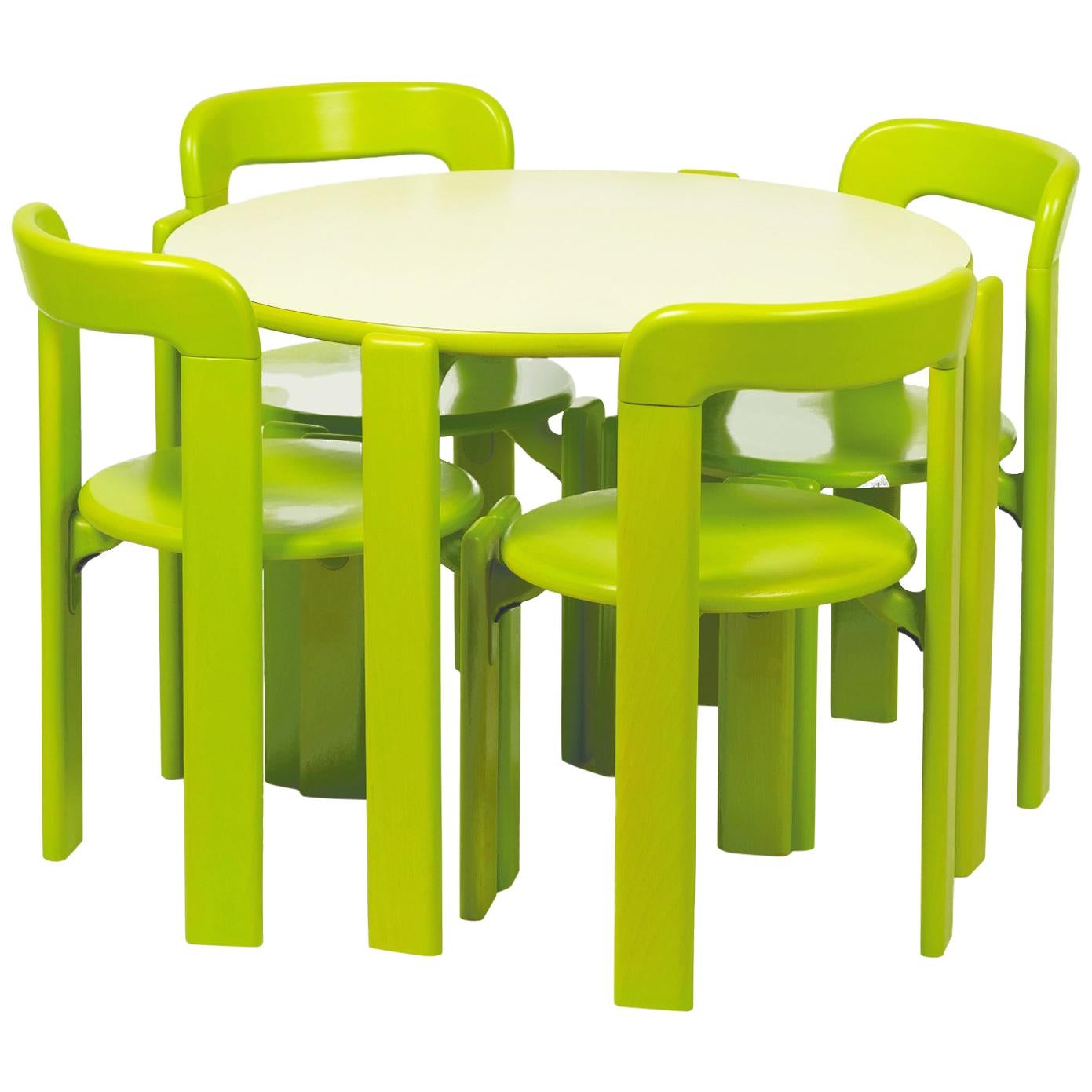 Rey Junior Set, Kids Table and Chairs in Green, Designed by Bruno Rey, in Stock