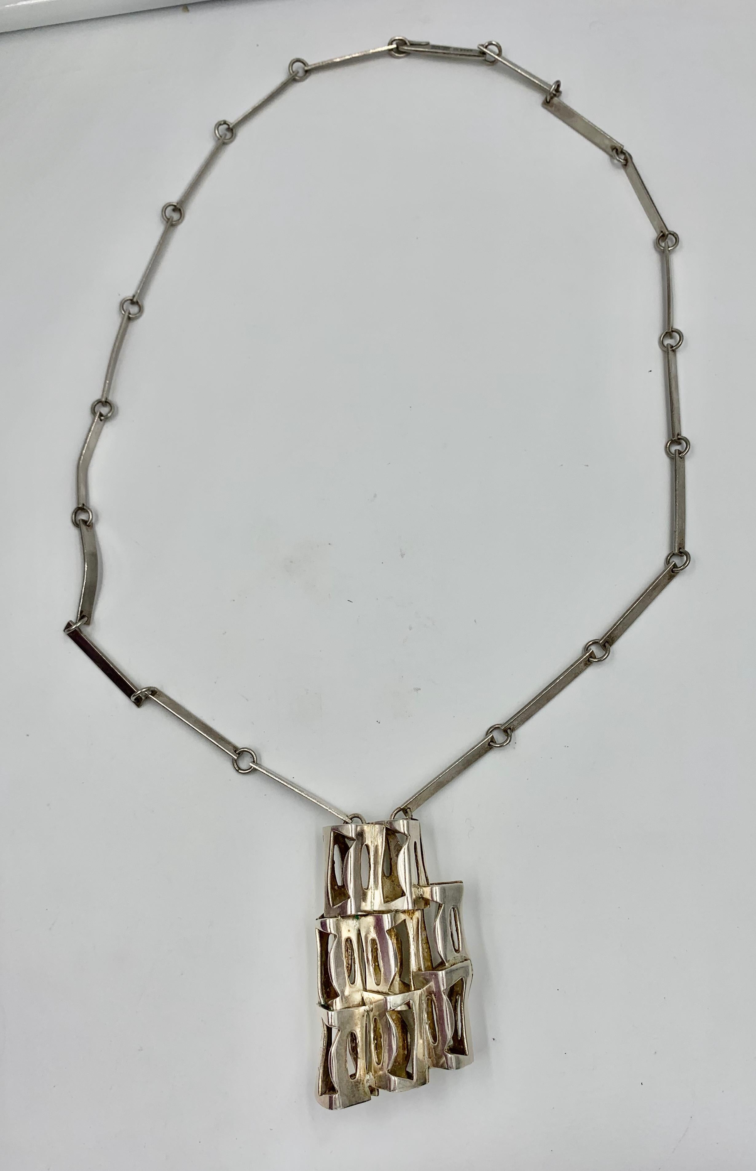 A very rare and special Necklace by Rey Urban for Age Fausing of Denmark.  The Sterling Silver masterpiece is signed Rey Urban.  Urban (1929 - 2015) is one of the most famous of the Scandinavian Mid-Century Modern Jewelry designers.  Urban was born