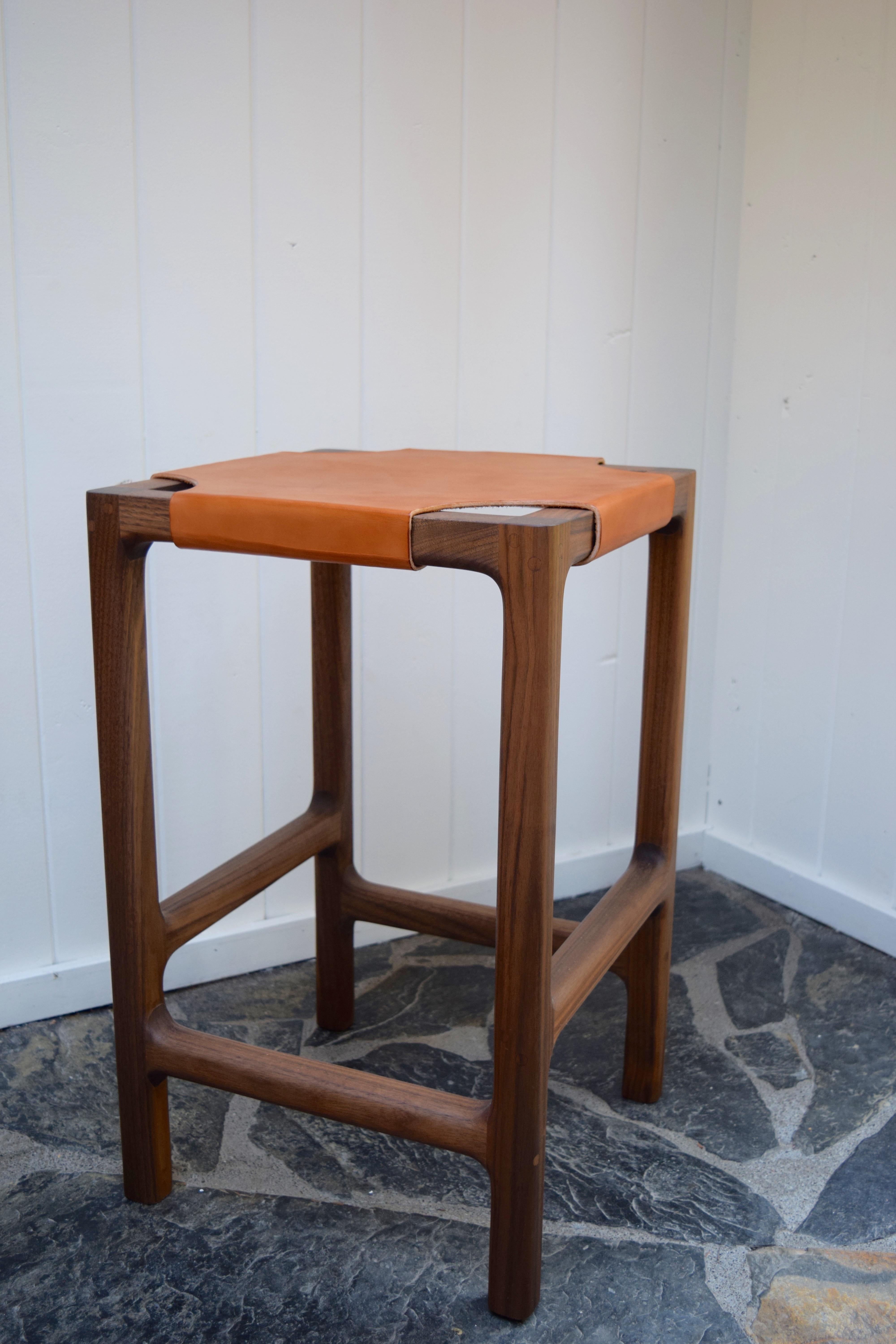Modern Reyes Backless Counter Stool in Walnut with Russet Leather For Sale