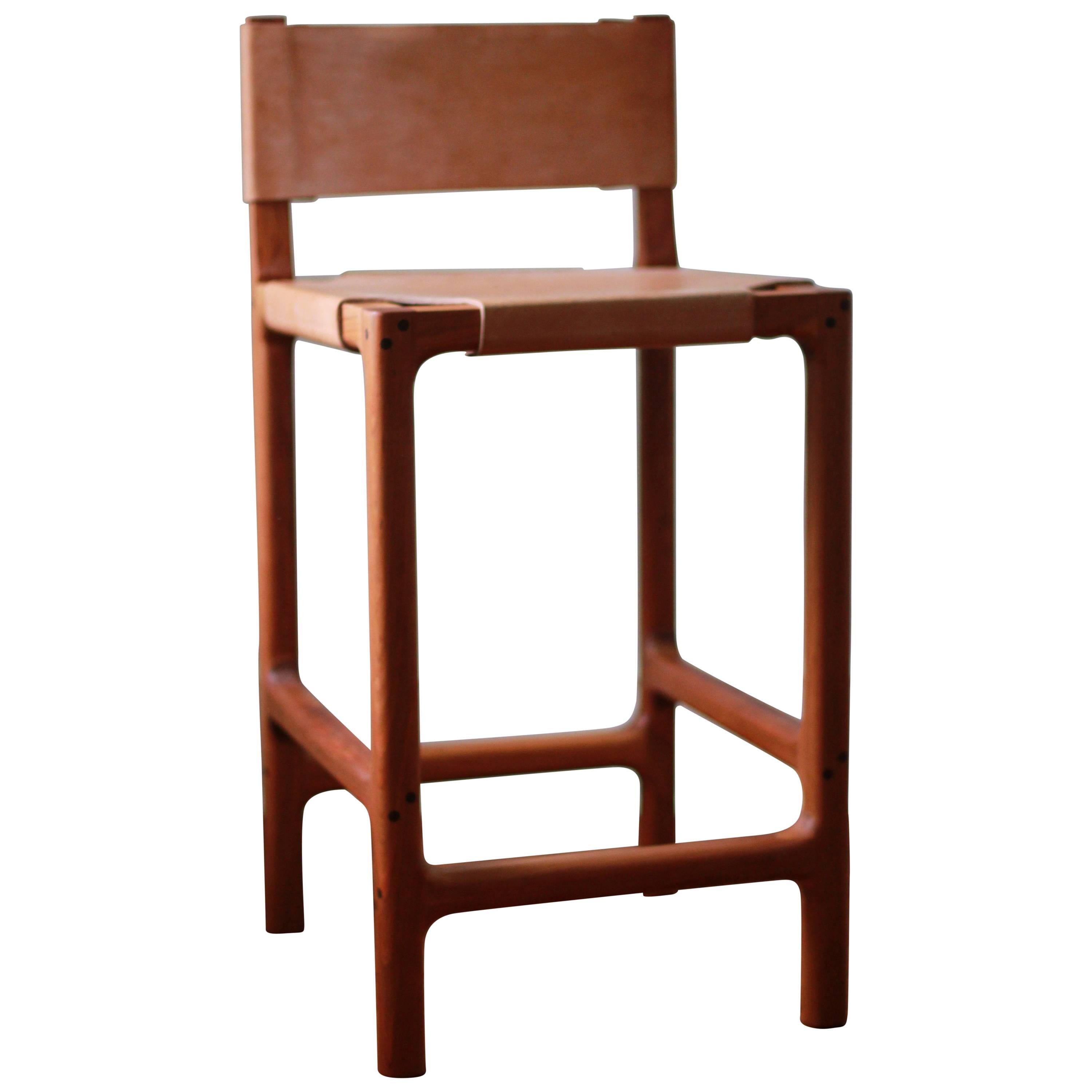 Reyes Counter Stool in Cherry with Russet Leather For Sale