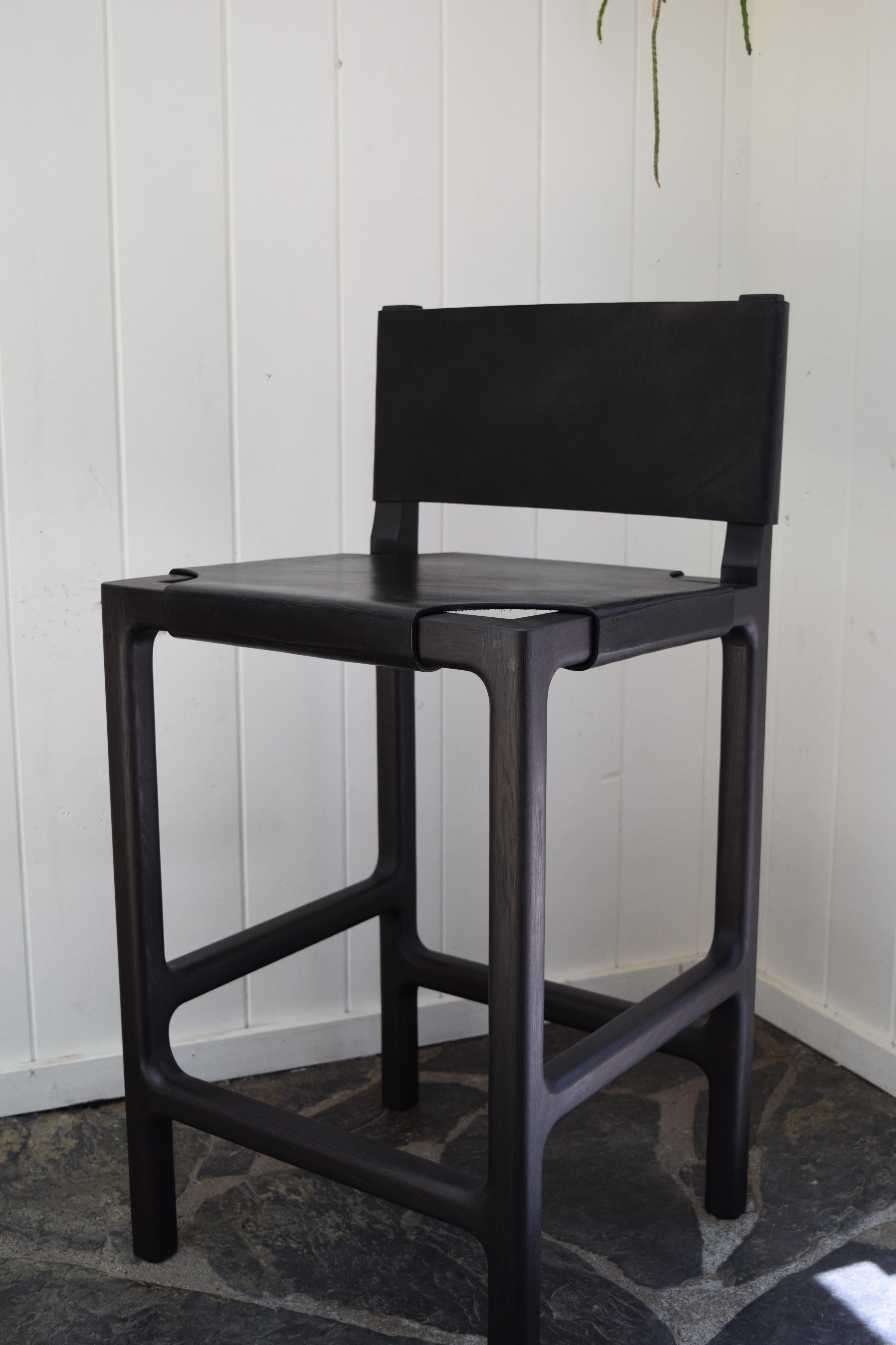 Modern Reyes Counter Stool in Ebonized Oak with Black Leather For Sale