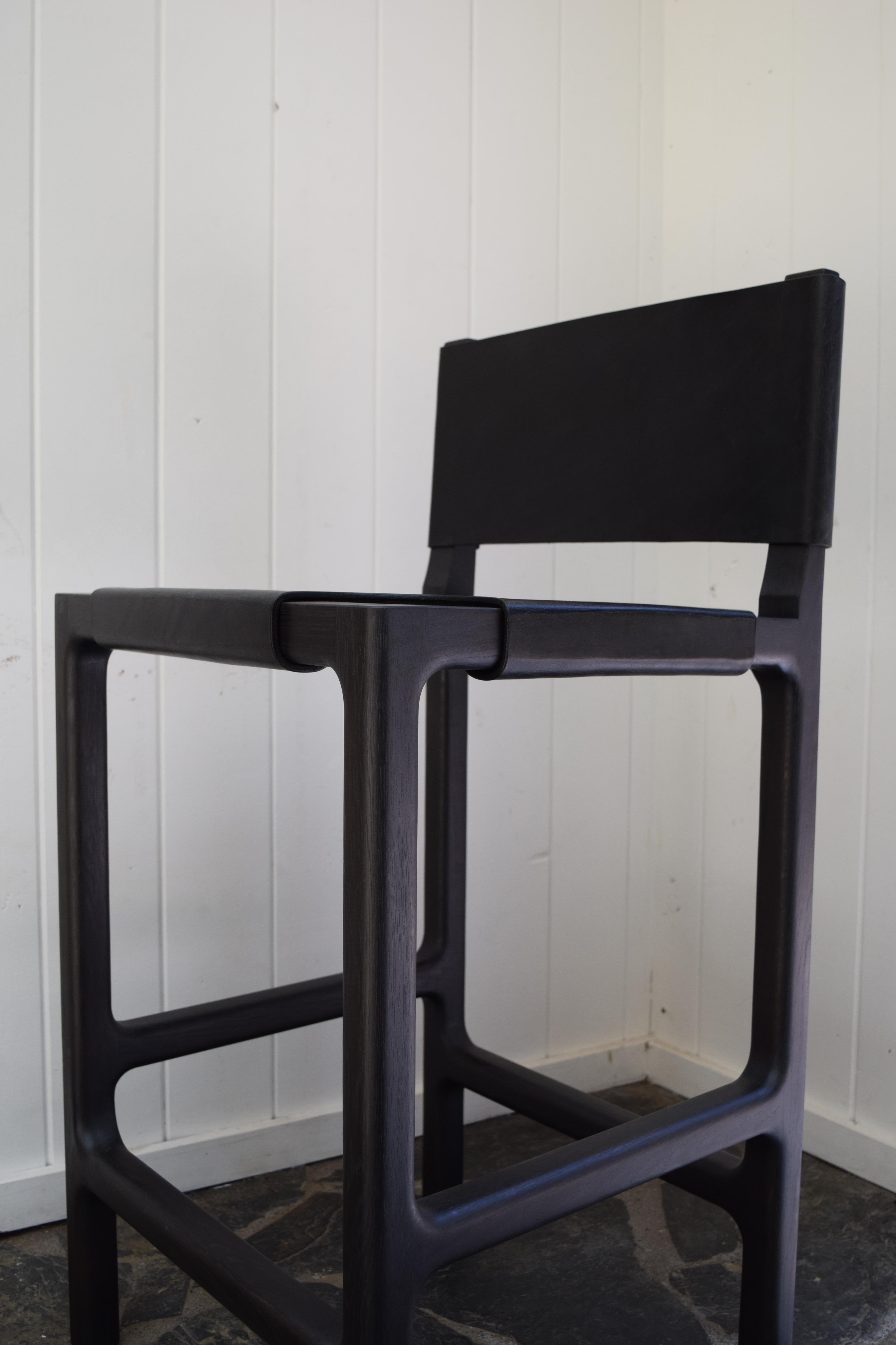Contemporary Reyes Counter Stool in Ebonized Oak with Black Leather For Sale