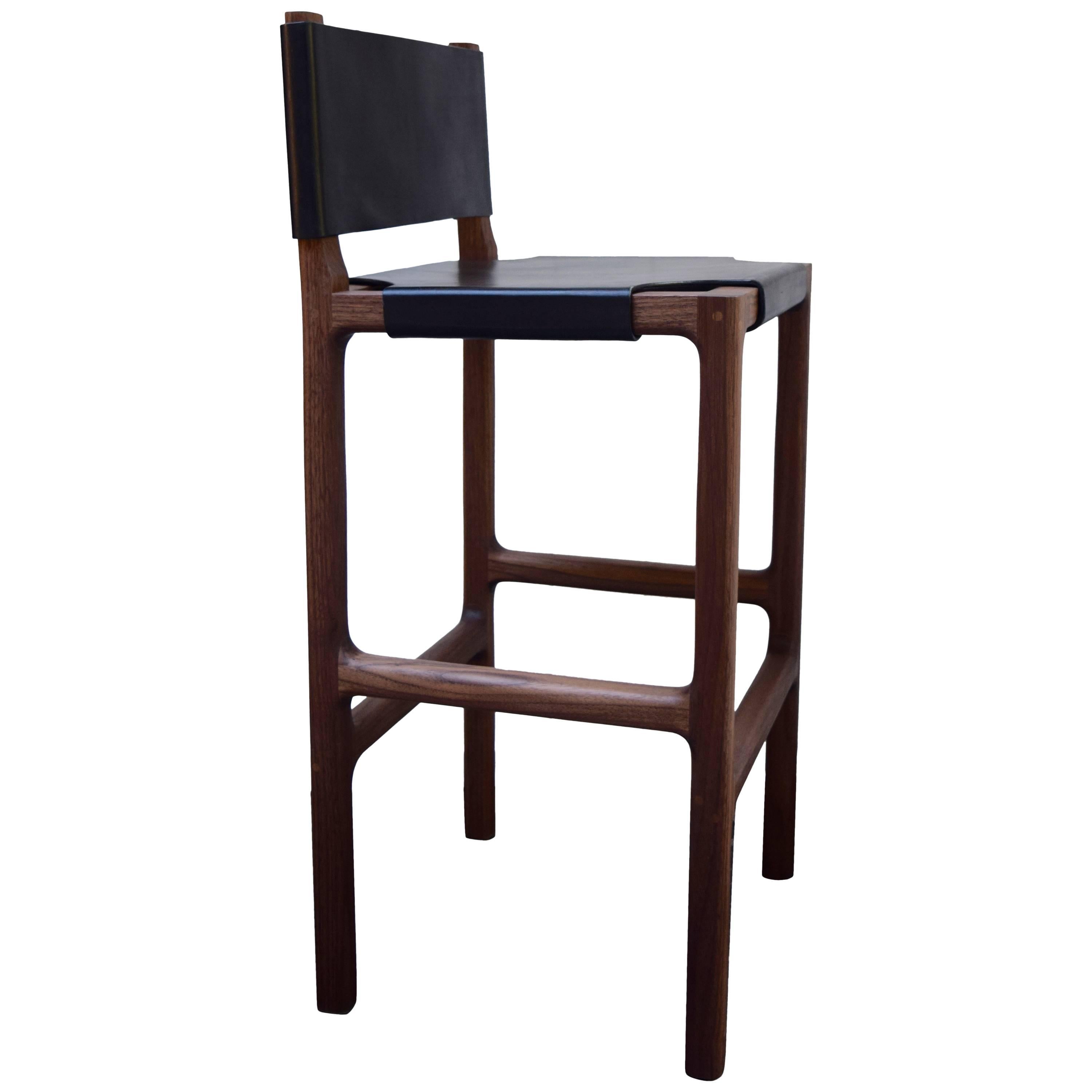 Reyes Counter Stool in Walnut with Black Leather For Sale
