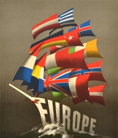 Original Vintage Propaganda Poster ERP Europe All Our Colours To The Mast Ship