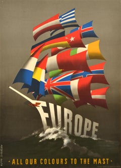 Poster di propaganda originale d'epoca ERP Europe All Our Colours To The Mast Ship (Nave con tutti i nostri colori all'albero)