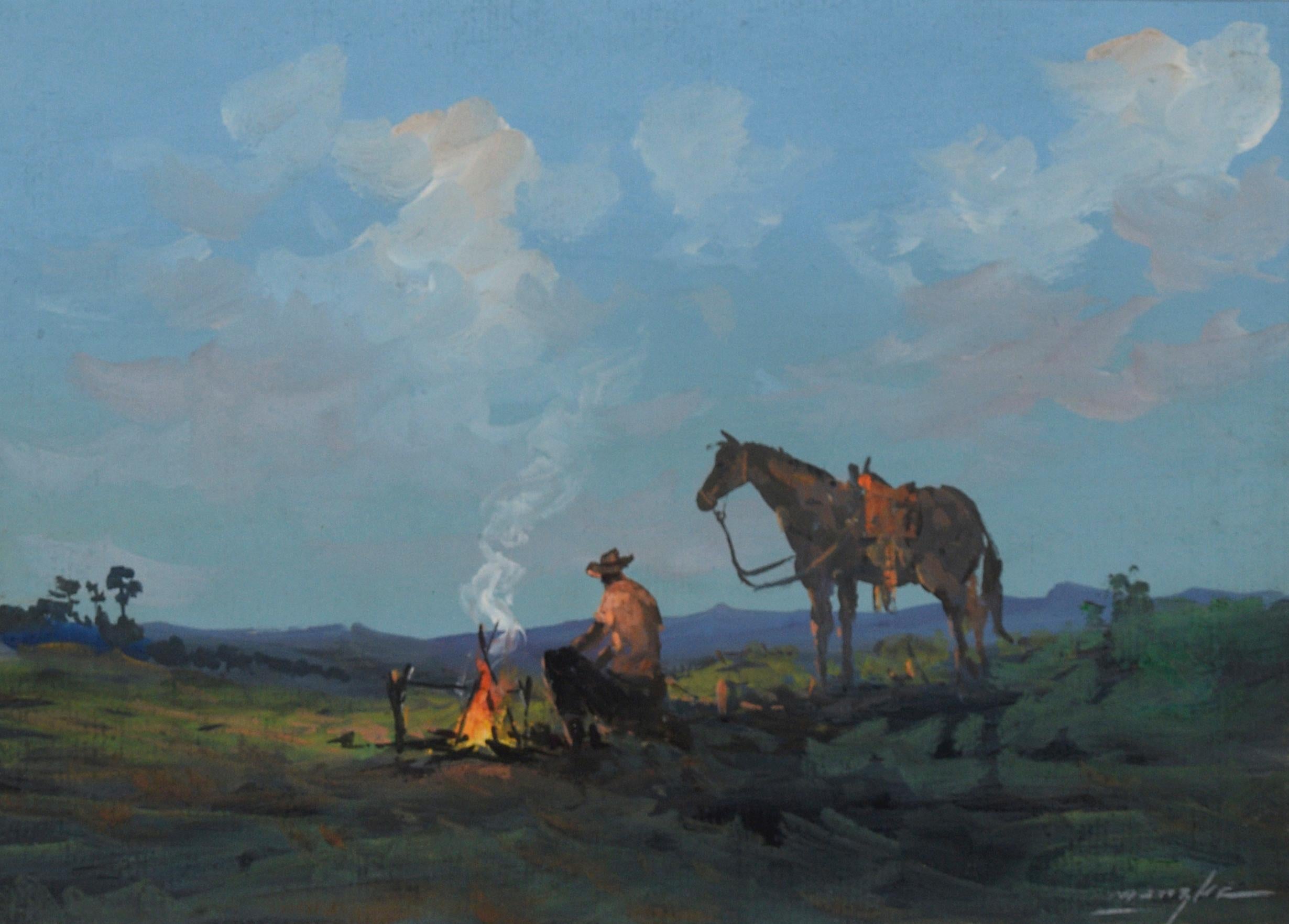 A Gaucho and His Horse - Gouache On Paper Brazilian Cowboy on the Plains - Painting by Reynaldo Manzke