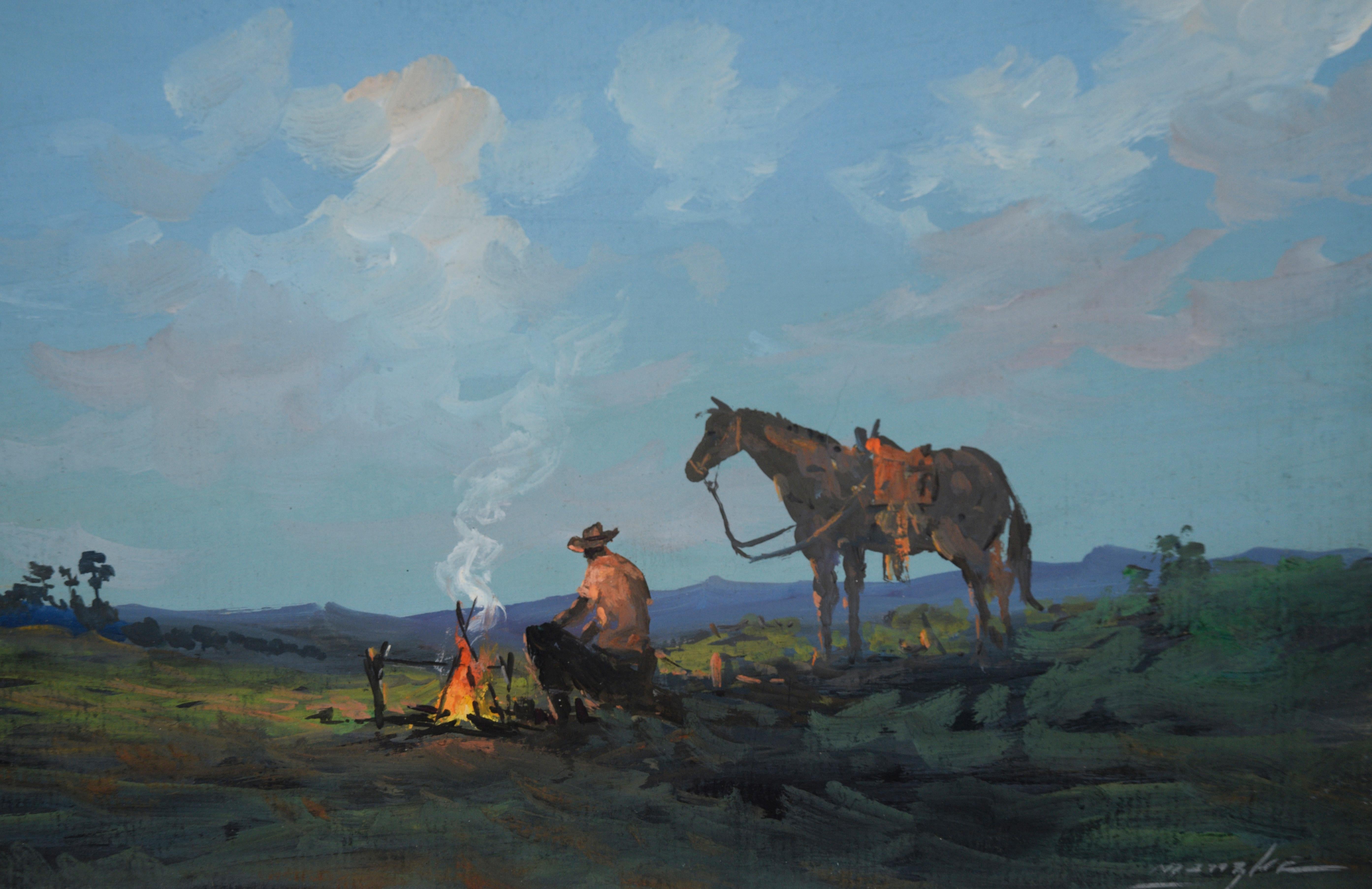 A Gaucho and His Horse - Gouache On Paper Brazilian Cowboy on the Plains - Impressionist Painting by Reynaldo Manzke