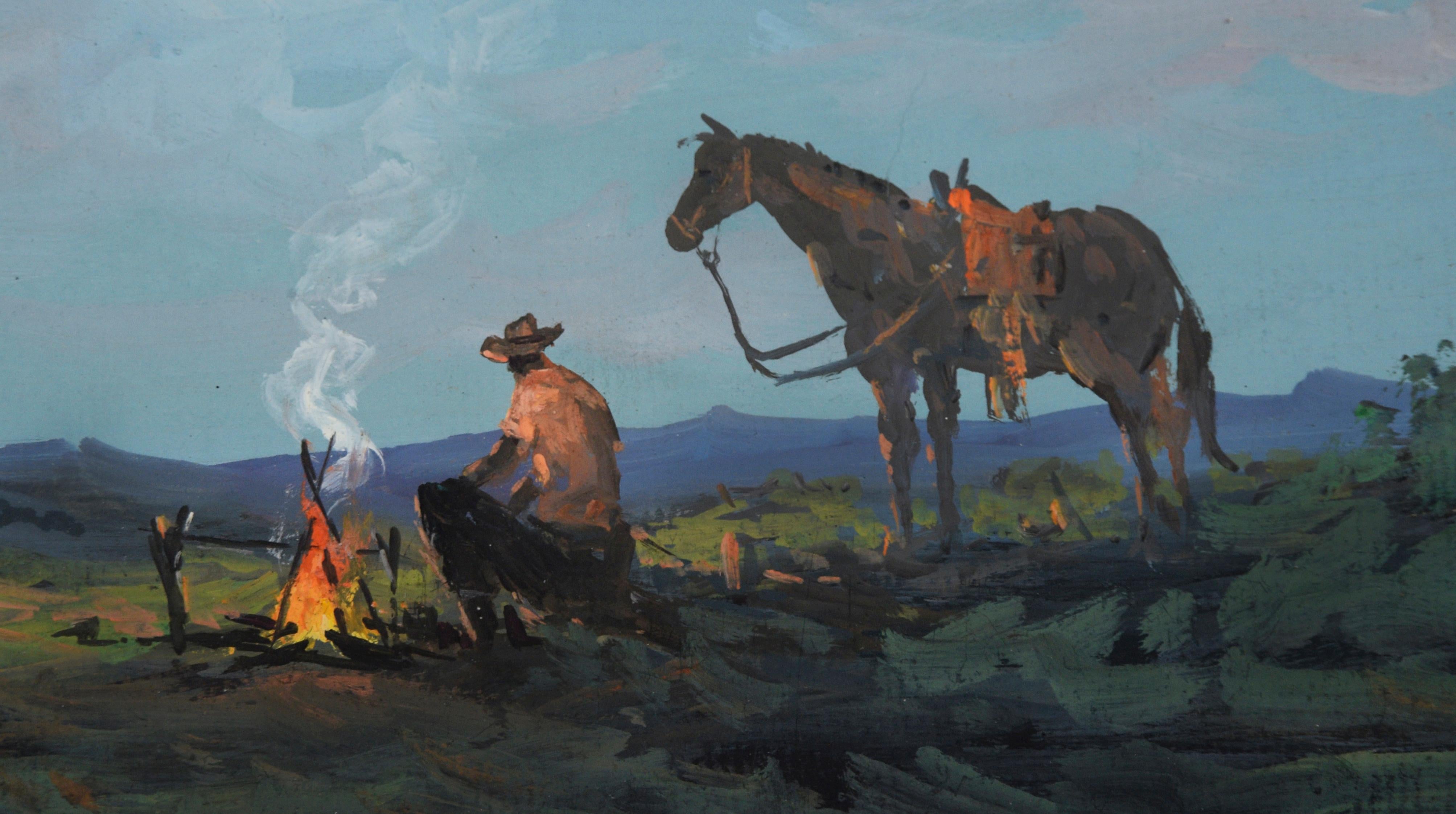 A Cowboy And His Horse - Gouache On Paper

Gouache on paper painting depicting a cowboy and his horse by a campfire by Reinaldo Manzke (Brazilian, 1906-1980). A cowboy is seen sitting by a fire while his horse stands to the right of him. Oranges and