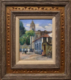 MEXICAN MEXICO STREET SCENE W / CHURCH. REYNALDO MAYA BORN 1911