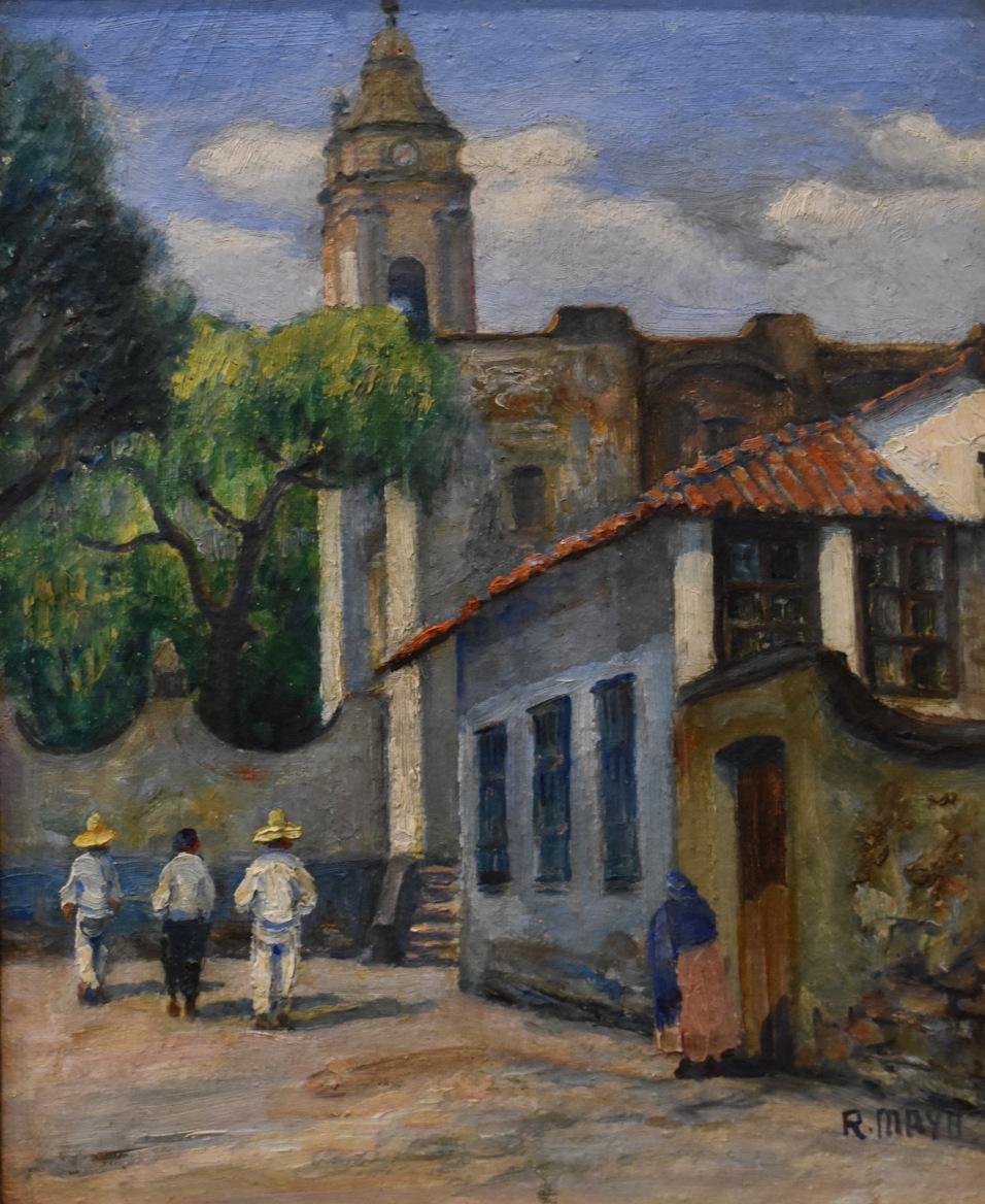 Reynaldo Maya Landscape Painting - MEXICAN MEXICO STREET SCENE W / CHURCH. REYNALDO MAYA BORN 1911
