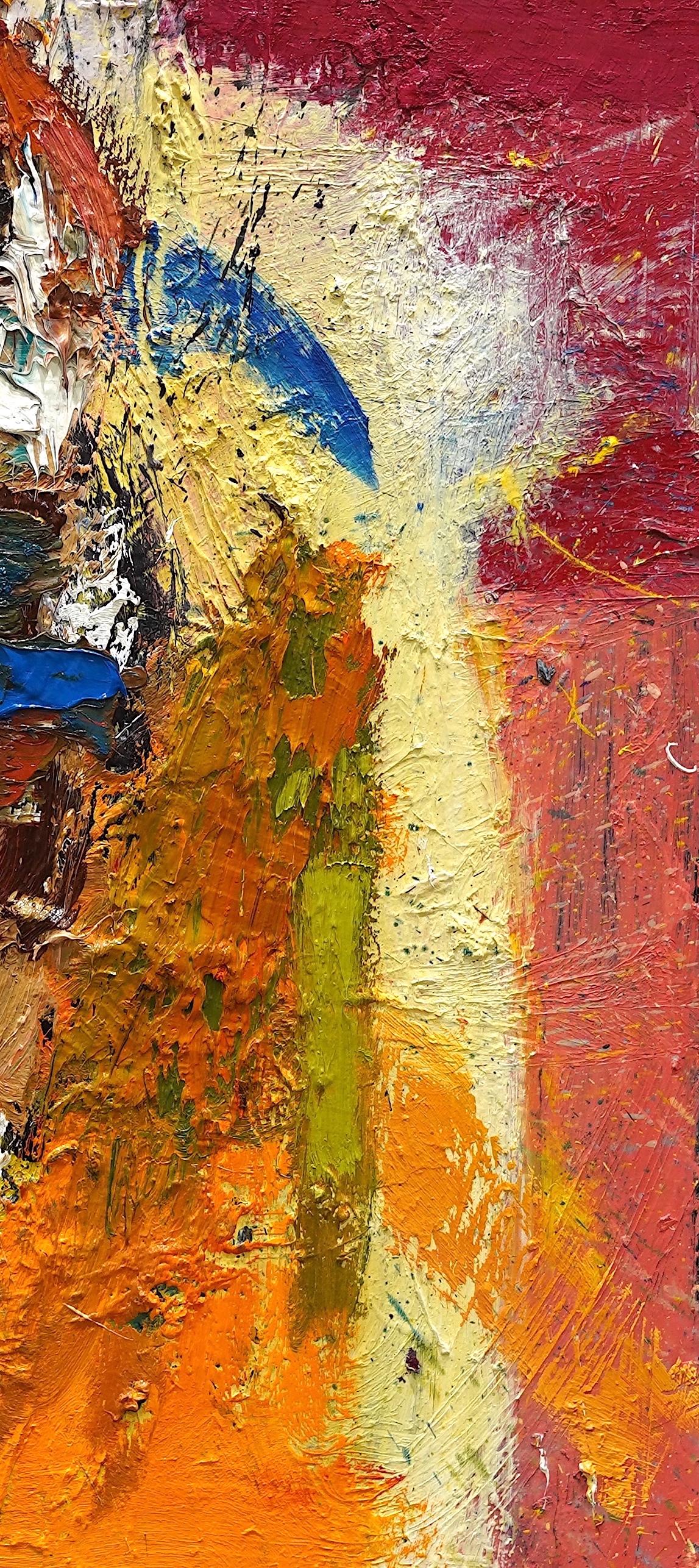 
Waiting for a Friend  portrays waiting as a state of transformation, where time is not empty but an accumulation of emotions. The dense brushstrokes and explosion of color create tension between expectation and uncertainty. At the center, a