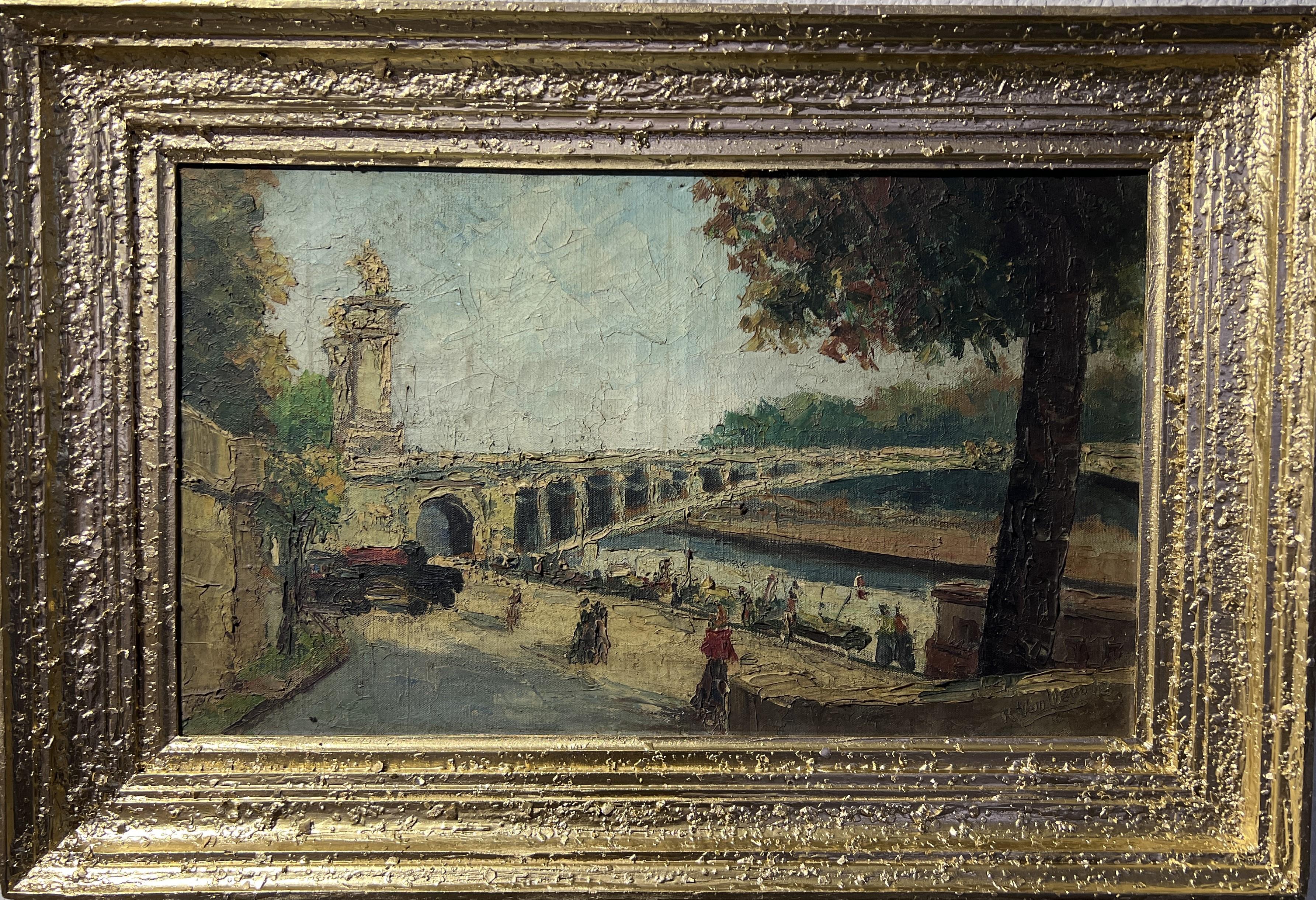 In vendita un antico dipinto a olio su tela dell'artista svizzero quotato Reynold Vuilleumier (1904 - 1987), raffigurante una veduta stradale di una città europea sconosciuta. 

Presentato in una bella cornice dorata in legno decorata a mano.

Buone