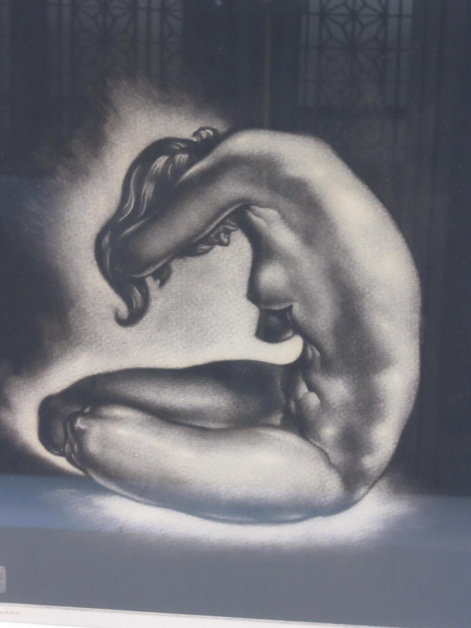 A stunning and bold mezzotint print of a nude women figure titled 
