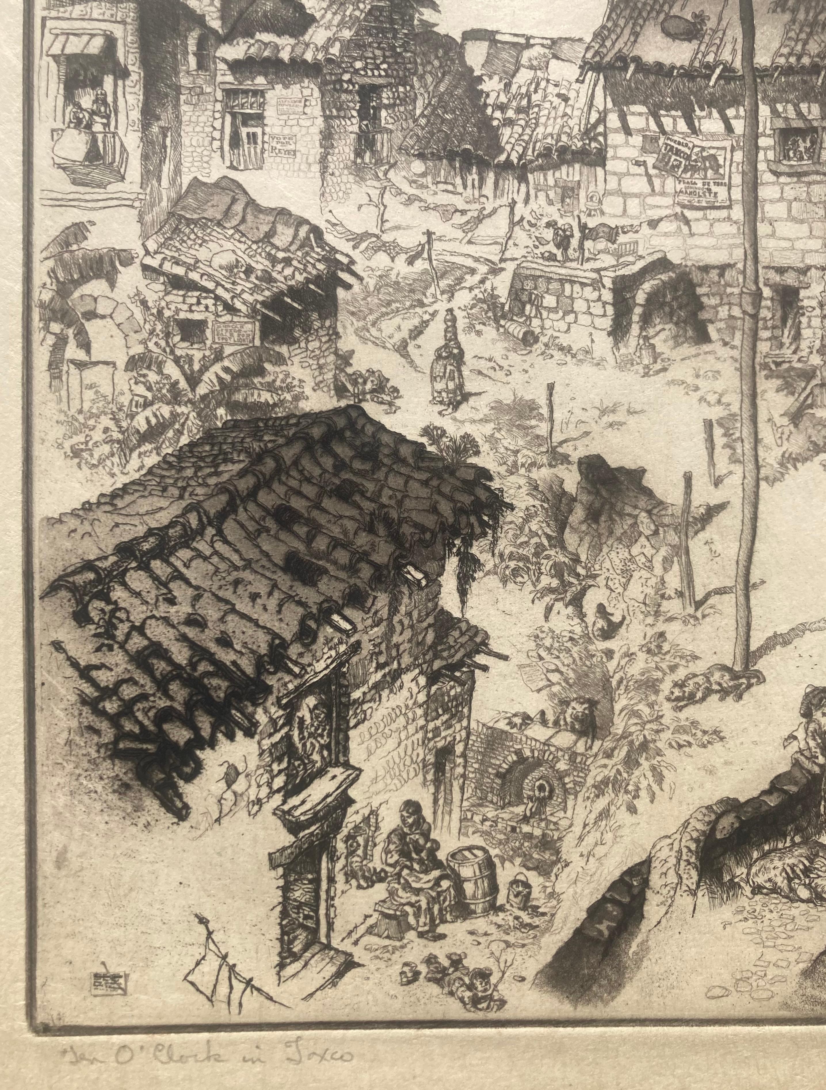 TEN  O'CLOCK in TAXCO - Large etching with Incredible Detail. One of a Pair - Brown Landscape Print by Reynold Weidenaar