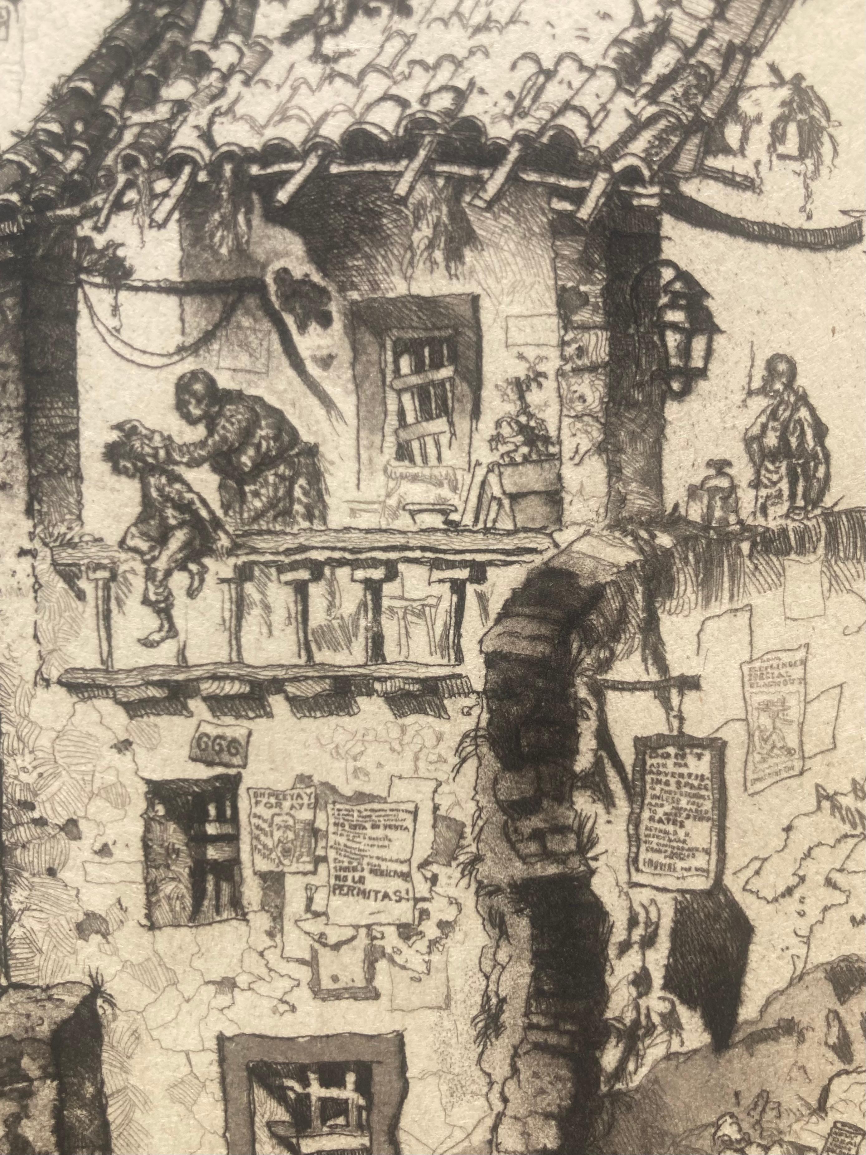 TEN  O'CLOCK in TAXCO - Large etching with Incredible Detail. One of a Pair For Sale 1