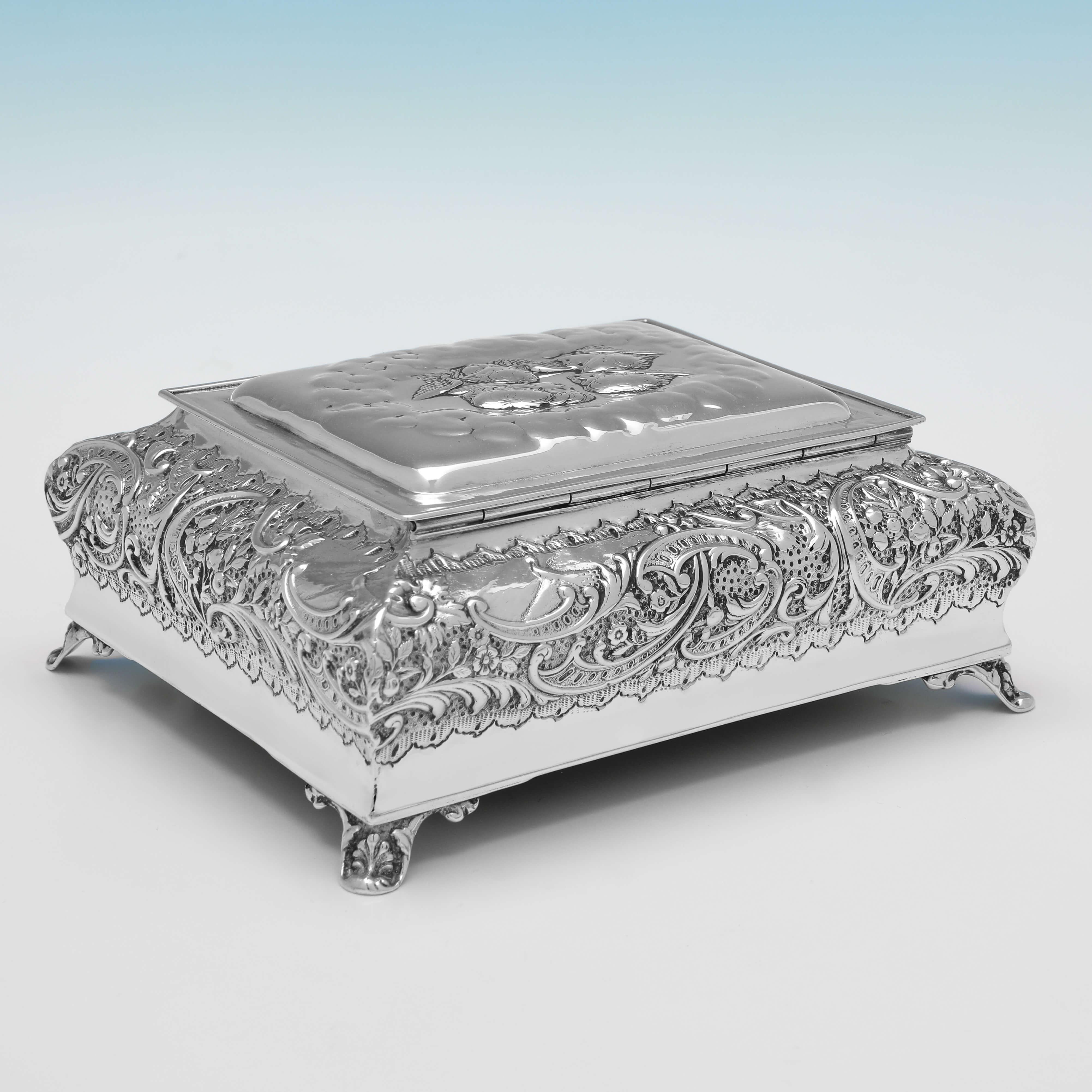 English Reynolds Angels, Ornate & Large Victorian Sterling Silver Jewellery Box, 1899