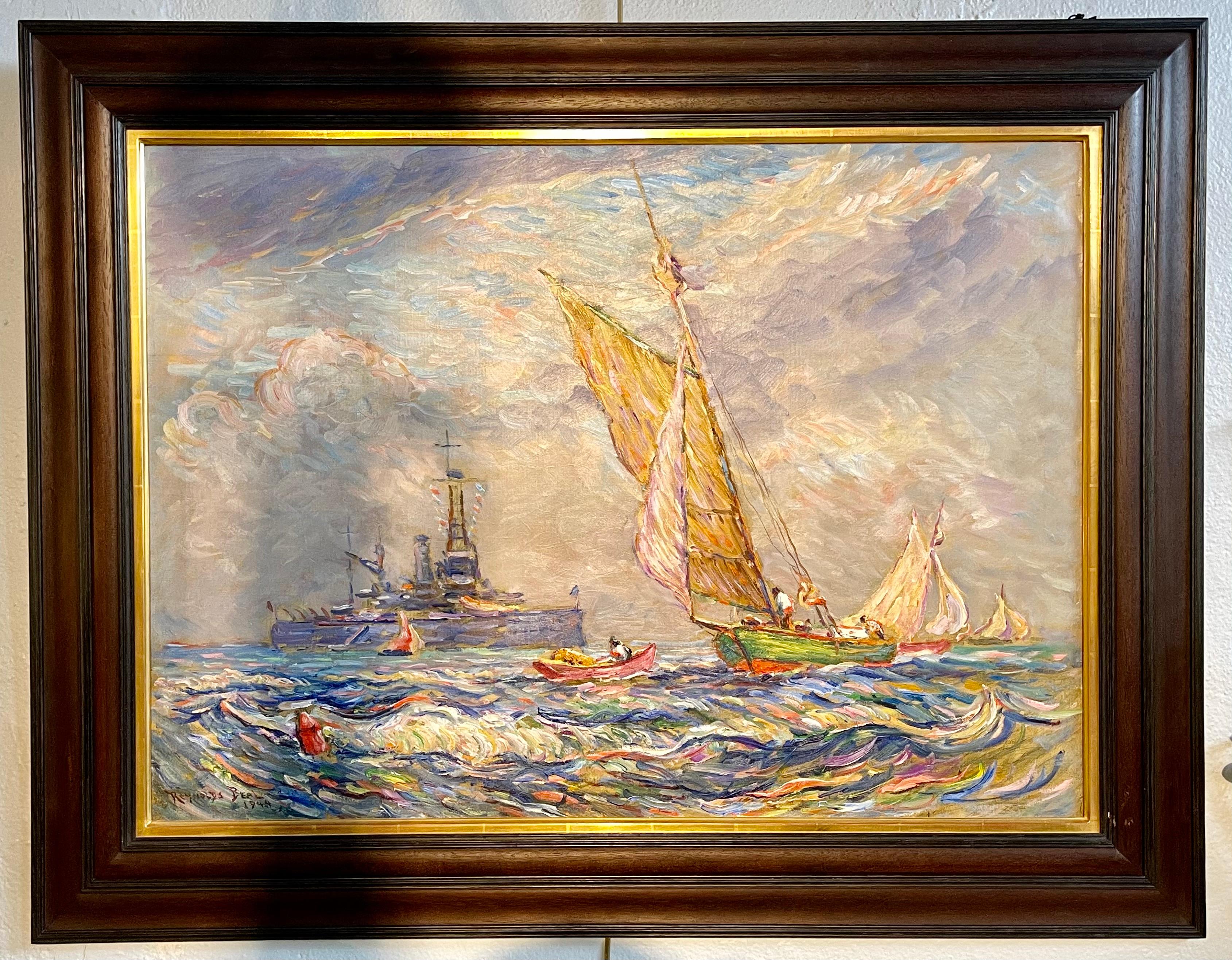 Ein feines impressionistisches Öl auf Leinwand von dem berühmten Reynolds Beal. Verso datiert 1928 und signiert. Auf der Rückseite sind der Nachlassstempel und die Katalogseite angegeben. Die USS Utah in Rockport Mass. In ausgezeichnetem Zustand.