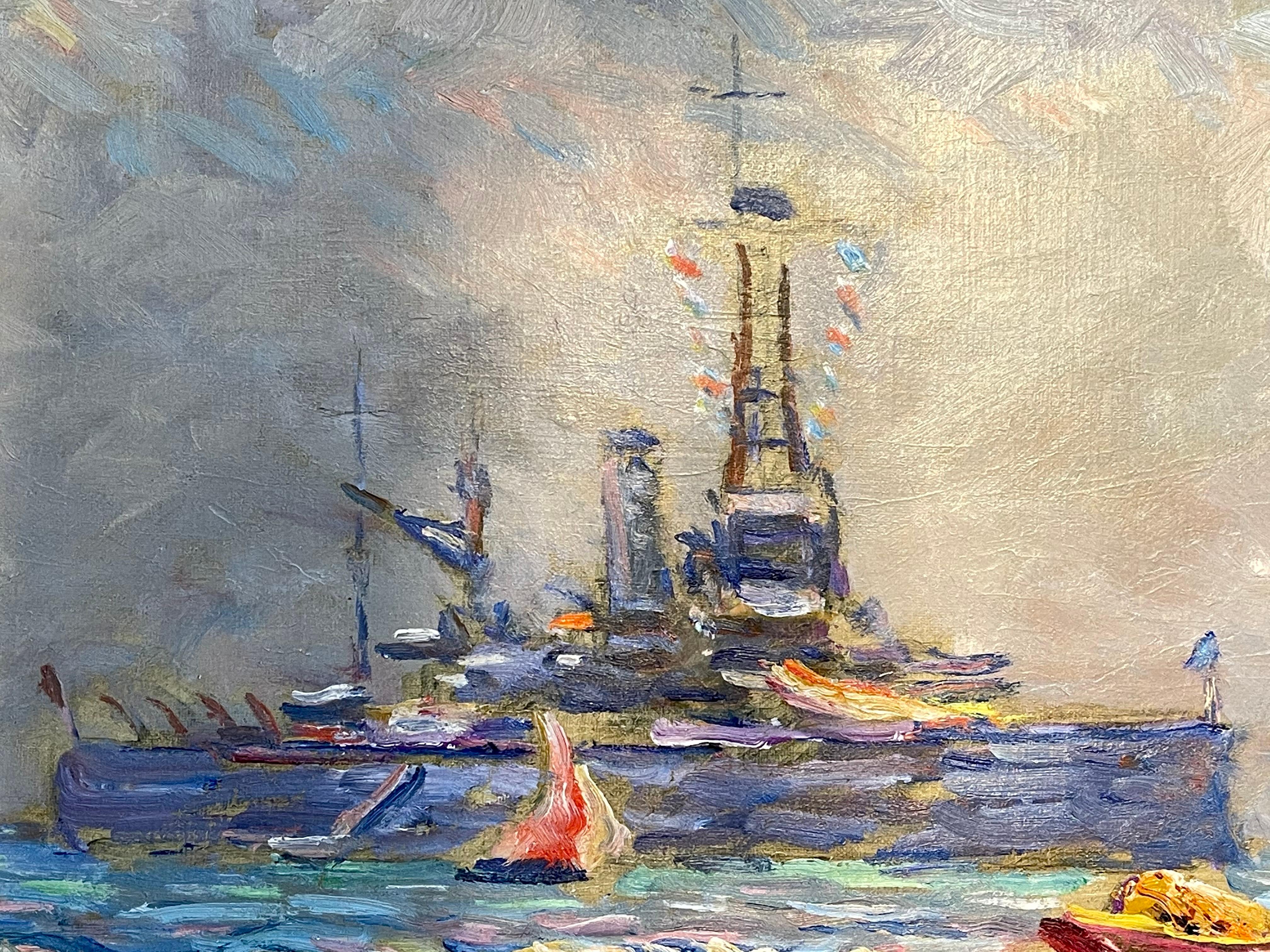 Hand-Painted Reynolds Beal Impressionist Oil on Canvas USS Utah Rockport Mass For Sale