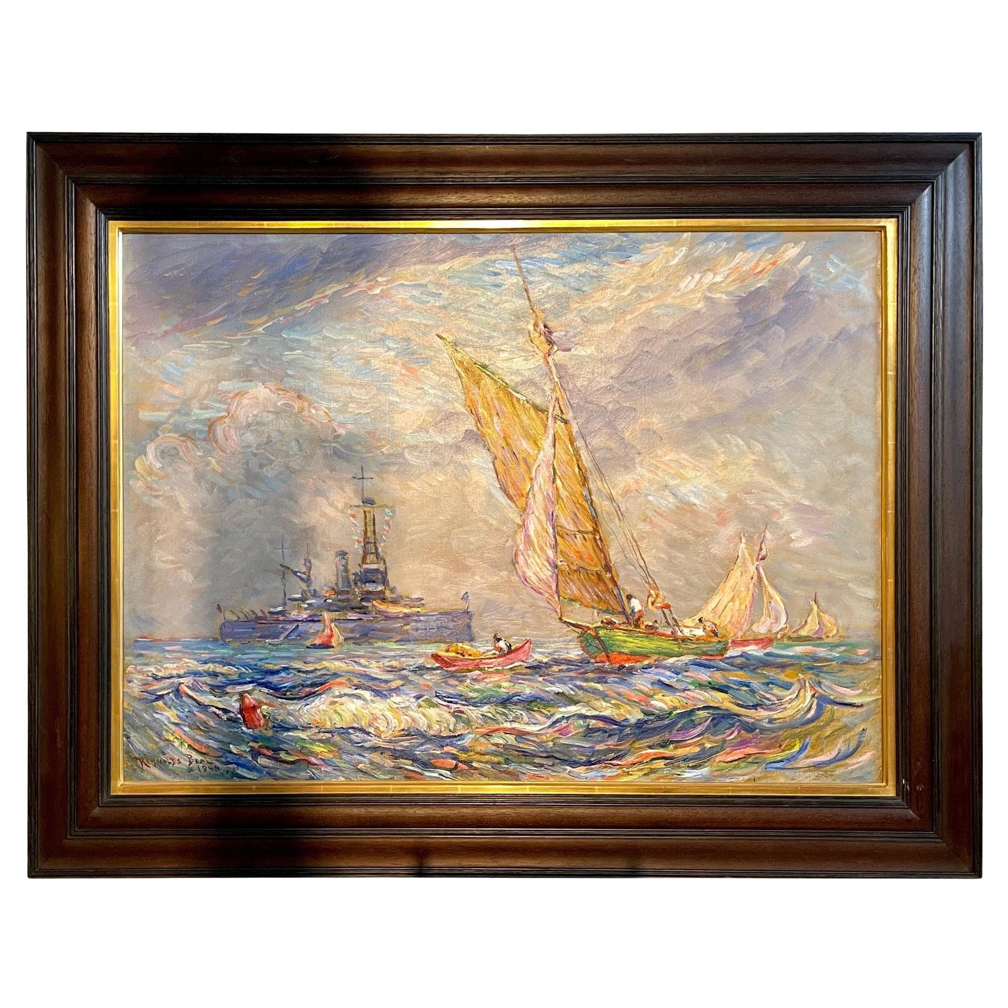 Reynolds Beal, Impressionist Oil Painting, USS Utah Rockport Mass, American 1928