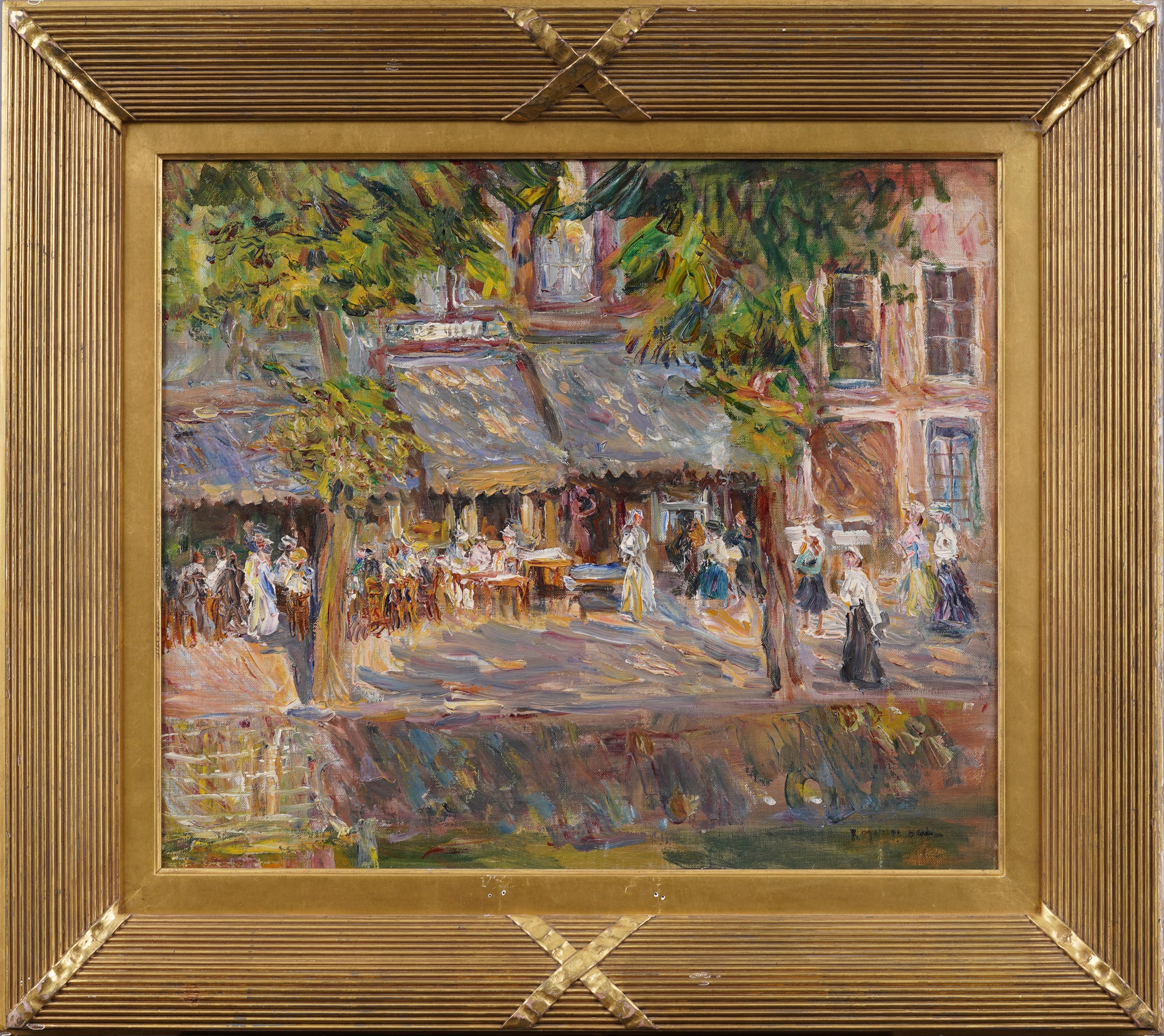 Antique American Impressionist Signed Cafe Street Scene Framed Oil Painting - Brown Landscape Painting by Reynolds Beal