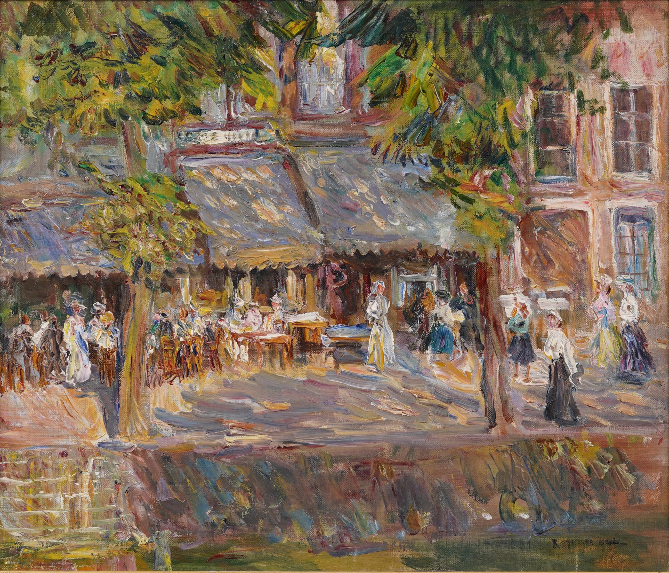 Amazing and rare early American impressionist  street scene oil painting by Reynolds Beal (1866/67 - 1951).  Framed in a period giltwood Whistler impressionist frame.  Oil on canvas.  Signed.  Image size, 18H by 21L.