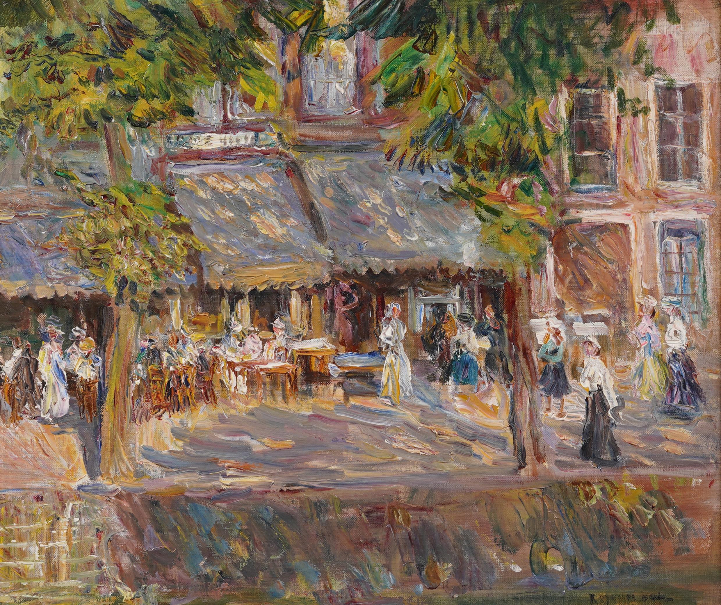 Antique American Impressionist Signed Cafe Street Scene Framed Oil Painting For Sale 2