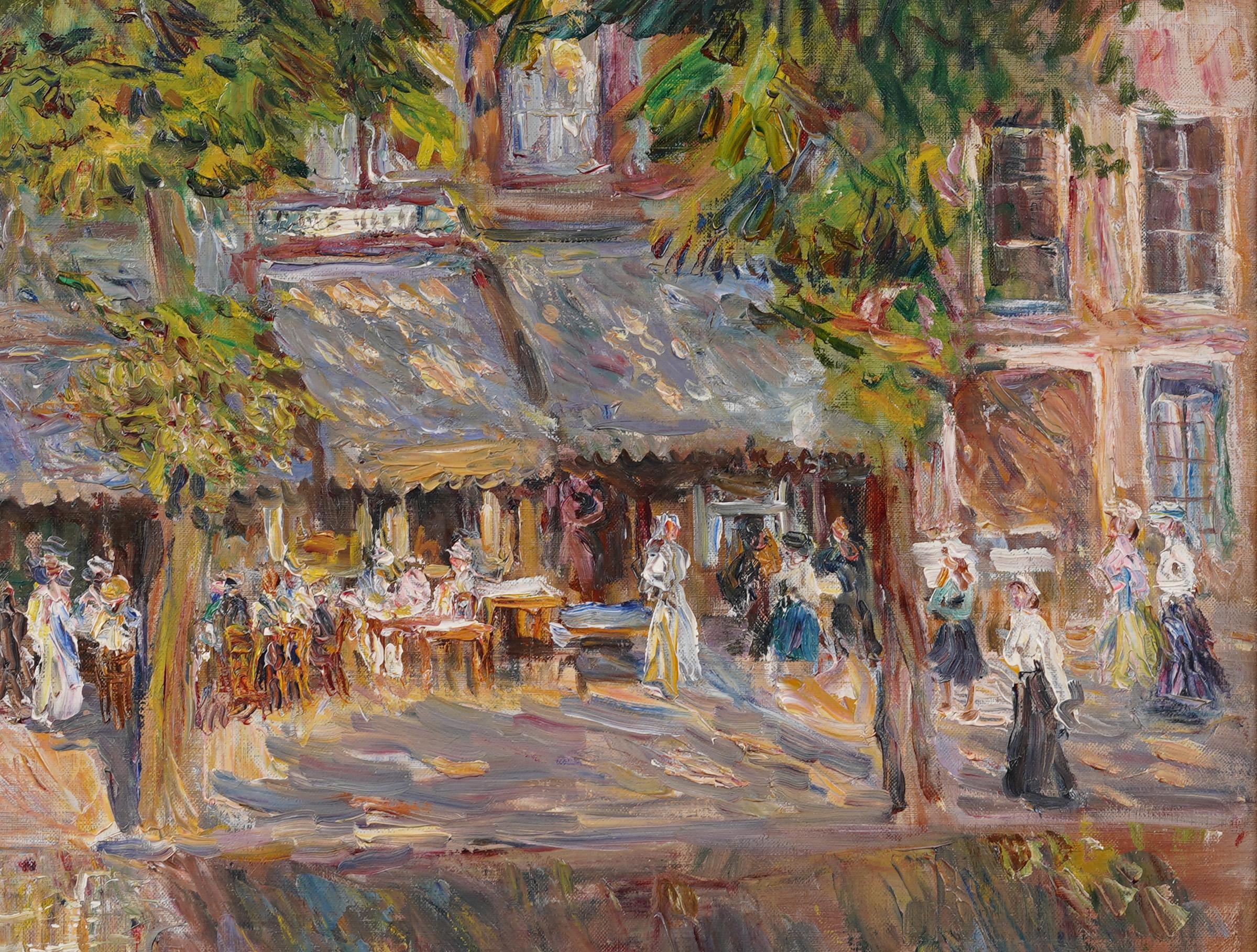 Antique American Impressionist Signed Cafe Street Scene Framed Oil Painting For Sale 3