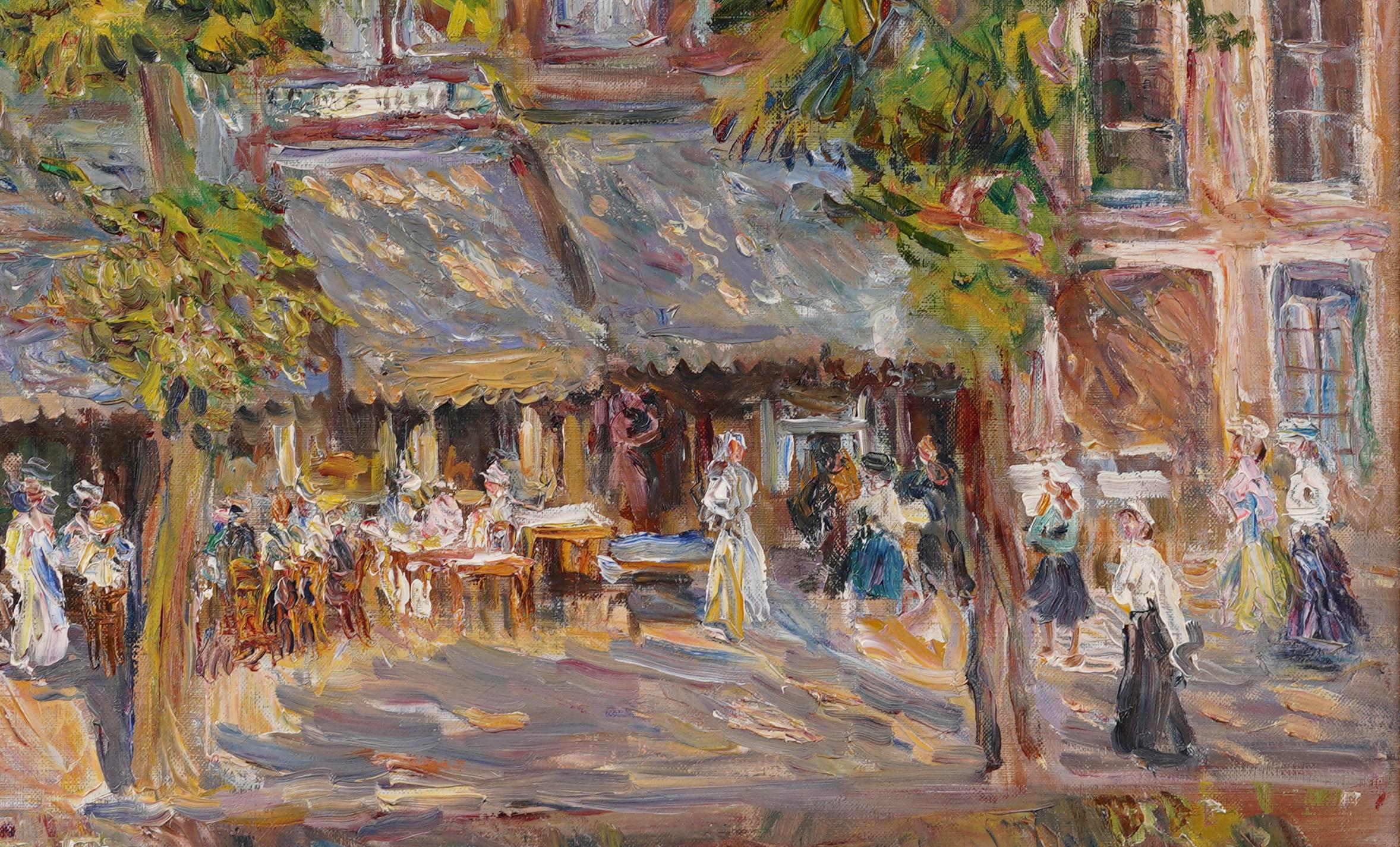 Antique American Impressionist Signed Cafe Street Scene Framed Oil Painting For Sale 4