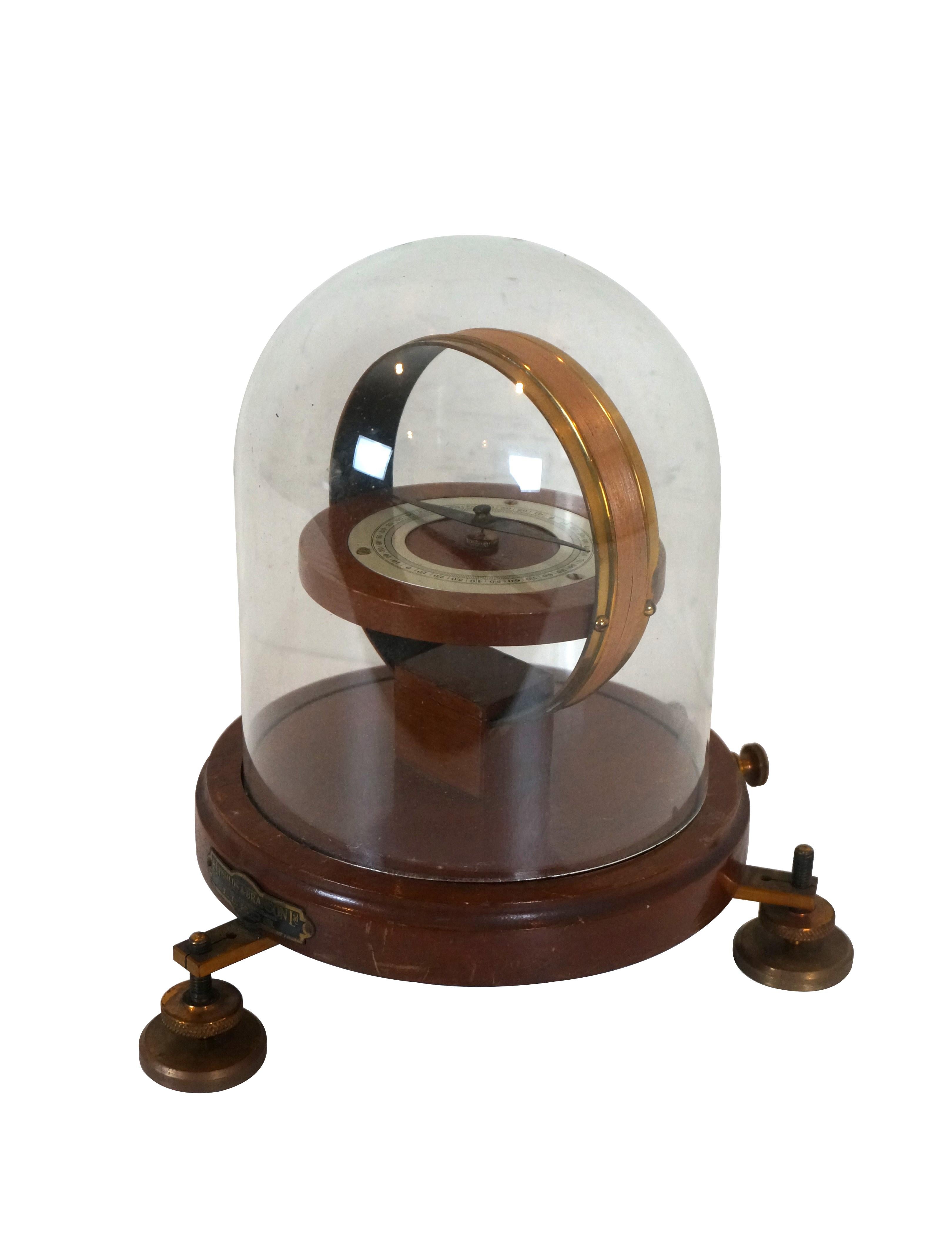 Vintage tangent galvanometer produced by Reynolds & Branson Ltd - Scientific Instrument Makers - Leeds. Wooden base with three brass leveling screws and glass bell jar cloche.

Dimensions:
7.5