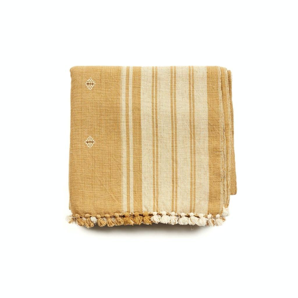 Reyti Ochre Yellow Minimal Pattern Handloom Throw / Blanket in Organic Cotton For Sale 8