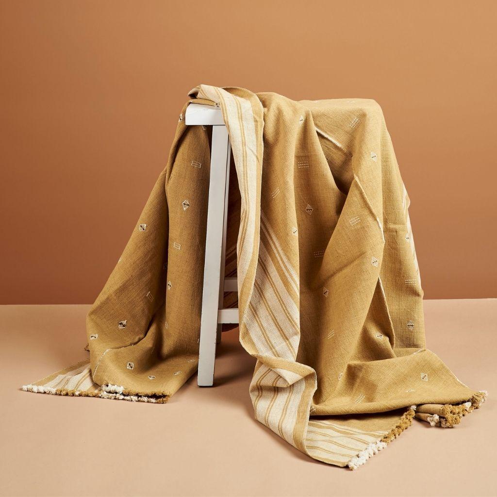 Hand-Woven Reyti Ochre Yellow Minimal Pattern Handloom Throw / Blanket in Organic Cotton For Sale
