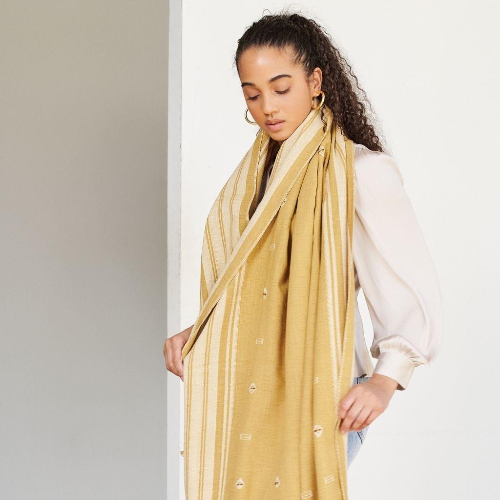 Modern Reyti Ochre Yellow Minimal Pattern Handloom Throw / Blanket in Organic Cotton For Sale