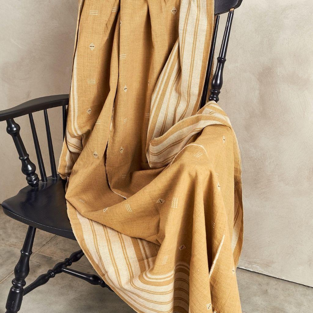 Contemporary Reyti Ochre Yellow Minimal Pattern Handloom Throw / Blanket in Organic Cotton For Sale