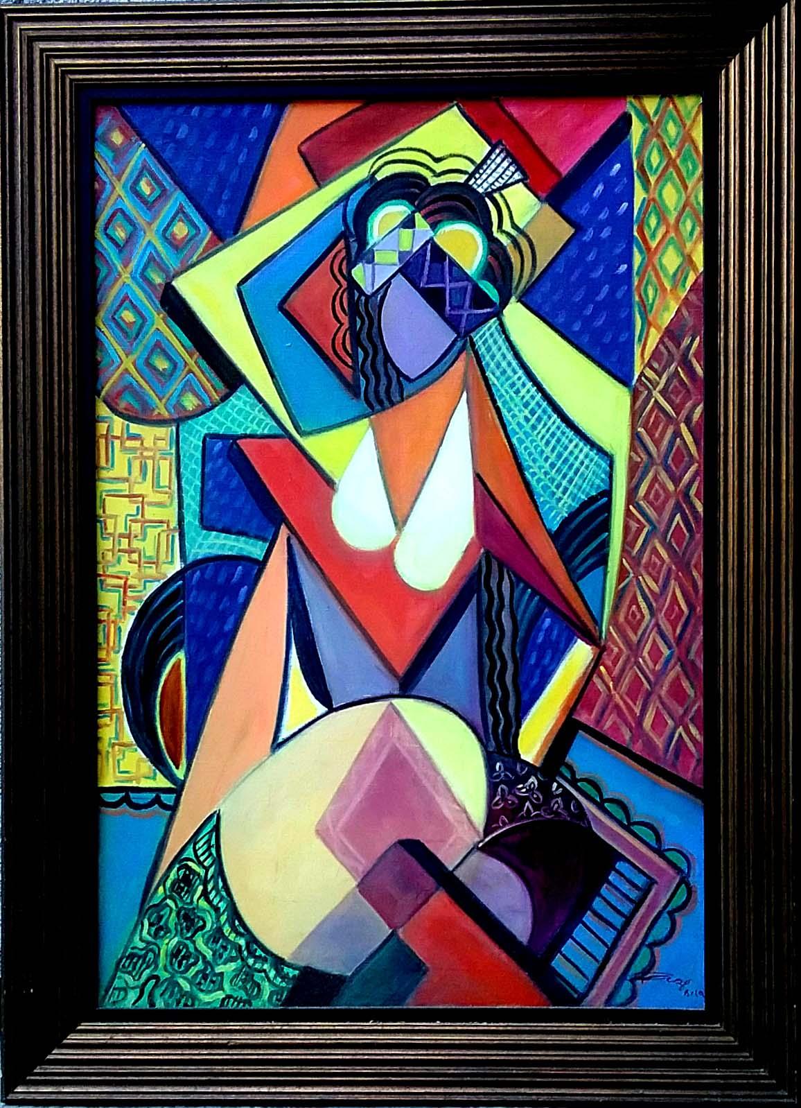 REZA AFROOKHETH Figurative Painting - Cubist Nude with Hat