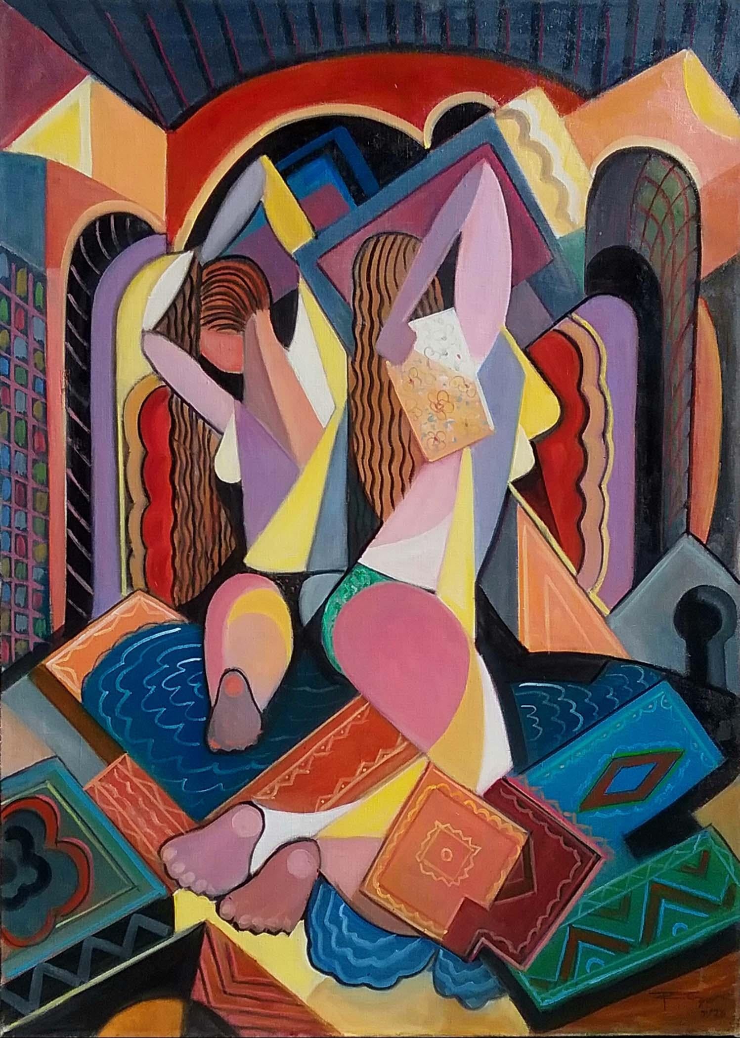 Cubist Women in Bath - Painting by REZA AFROOKHETH