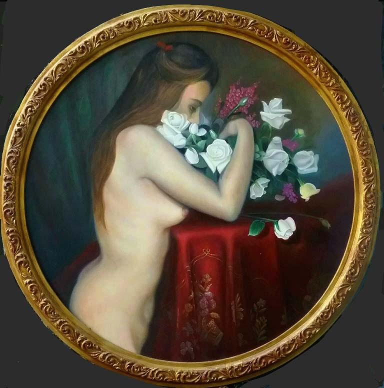 REZA AFROOKHETH Figurative Painting - Nude With Flowers