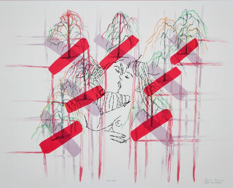 Reza Farkhondeh & Ghada Amer Figurative Print - Kiss Cross