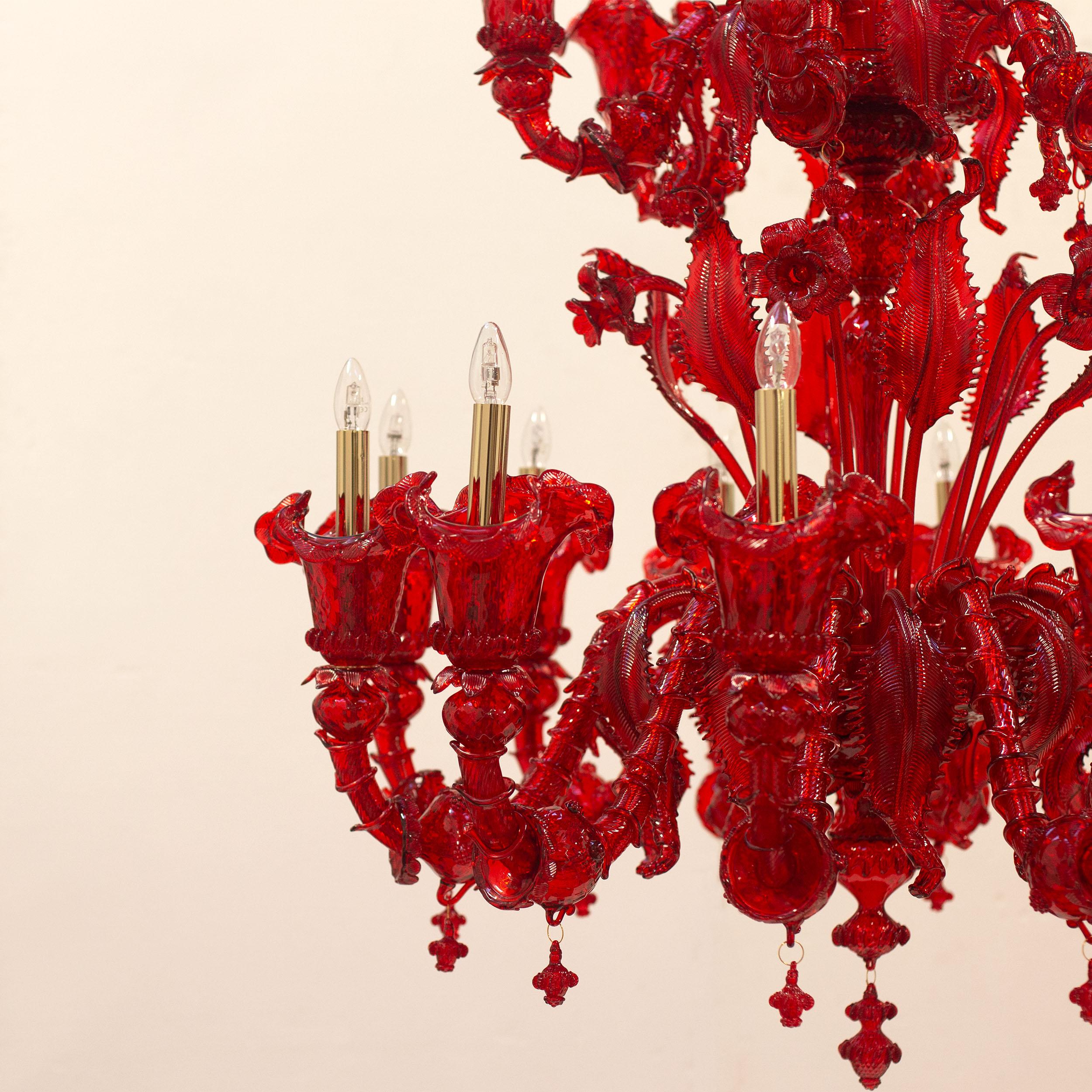 Rezzonico Chandelier, 12+6 arms, multi-tiered, red Murano glass by Multiforme For Sale 4