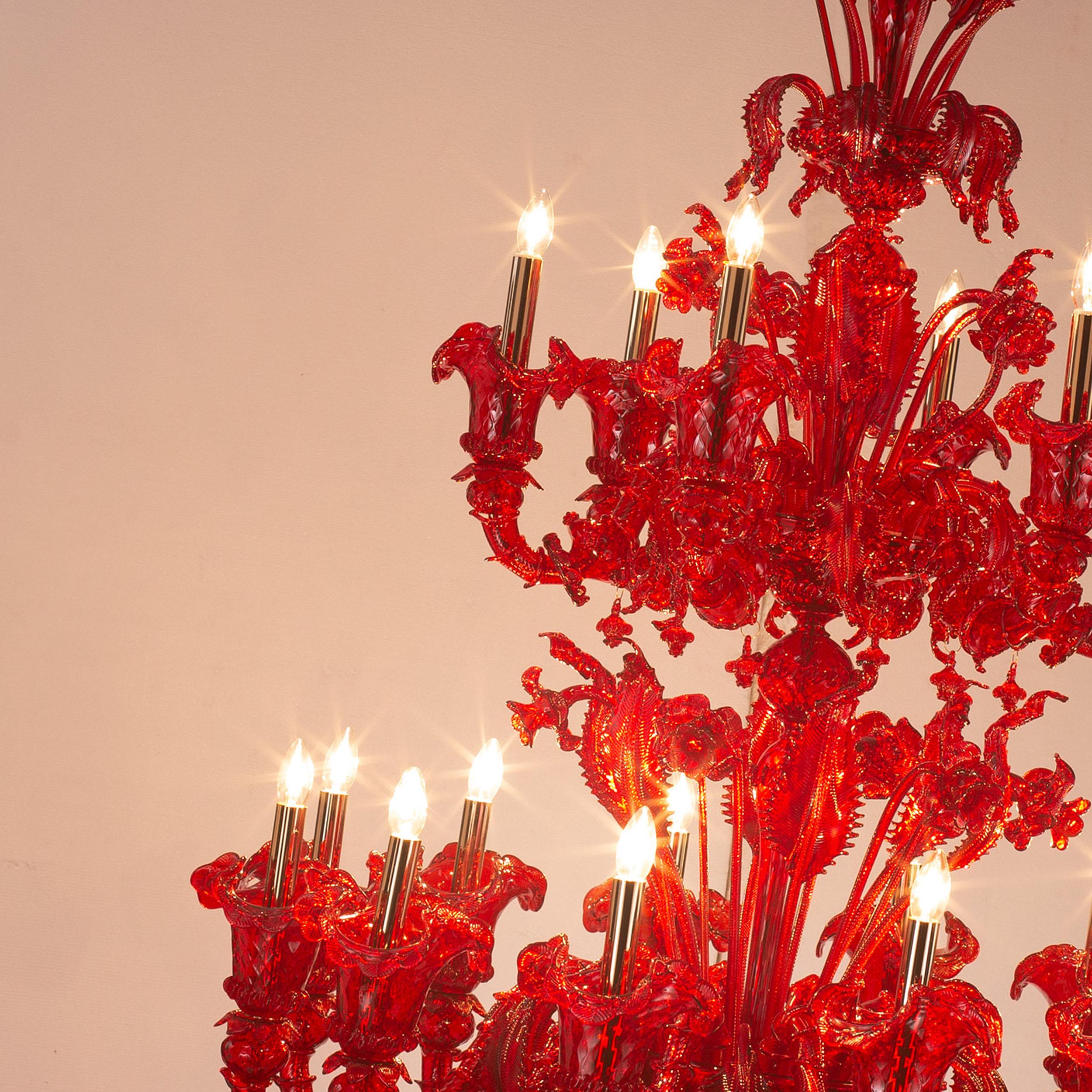 Rezzonico Chandelier, 12+6 arms, multi-tiered, red Murano glass by Multiforme For Sale 7