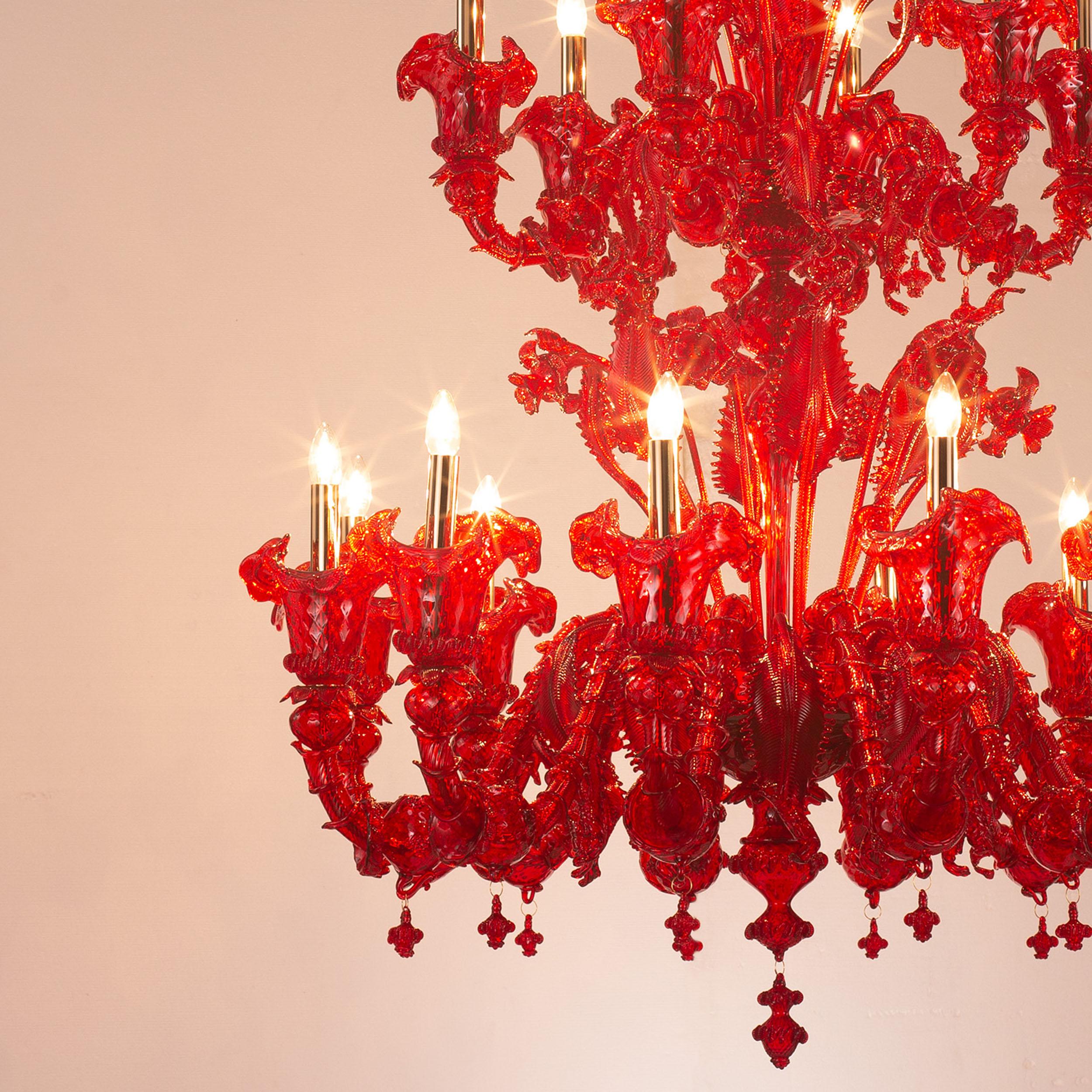 Contemporary Rezzonico Chandelier, 12+6 arms, multi-tiered, red Murano glass by Multiforme For Sale