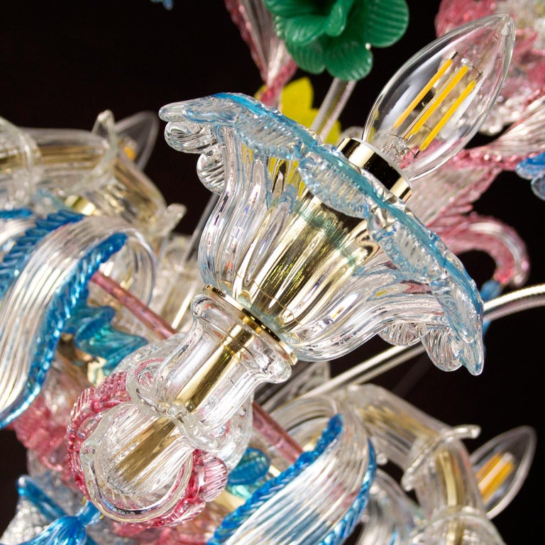 Rezzonico chandelier 5 arms clear Murano glass, multicolor details by Multiforme For Sale 1