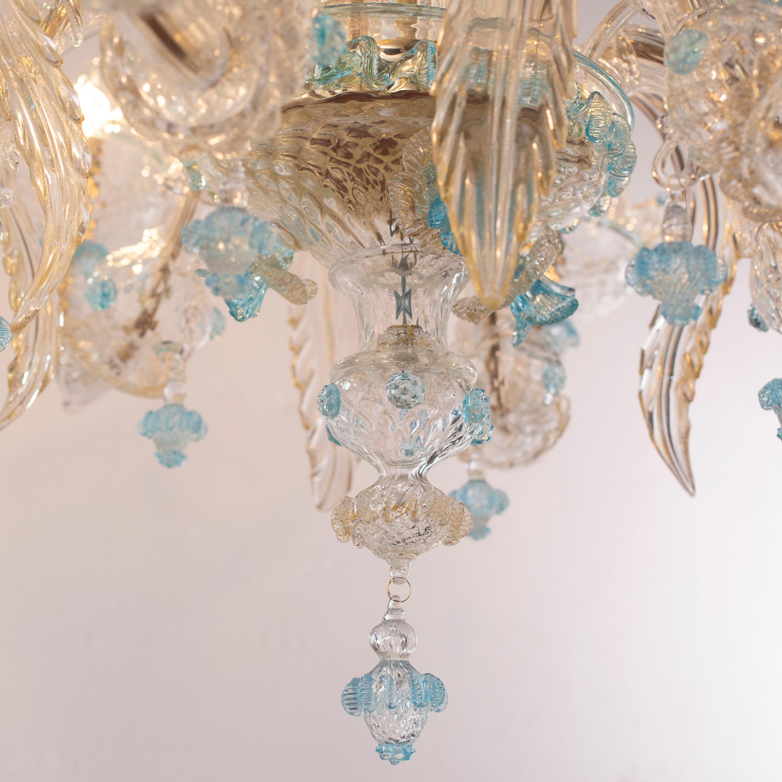 Lampadario Rezzonico a 6 bracci con fiori artistici in vetro trasparente, oro e acquamarina di Multiforme.
Si tratta di un modello evergreen, un prodotto classico realizzato dai nostri abili maestri vetrai e completamente personalizzabile.
Le
