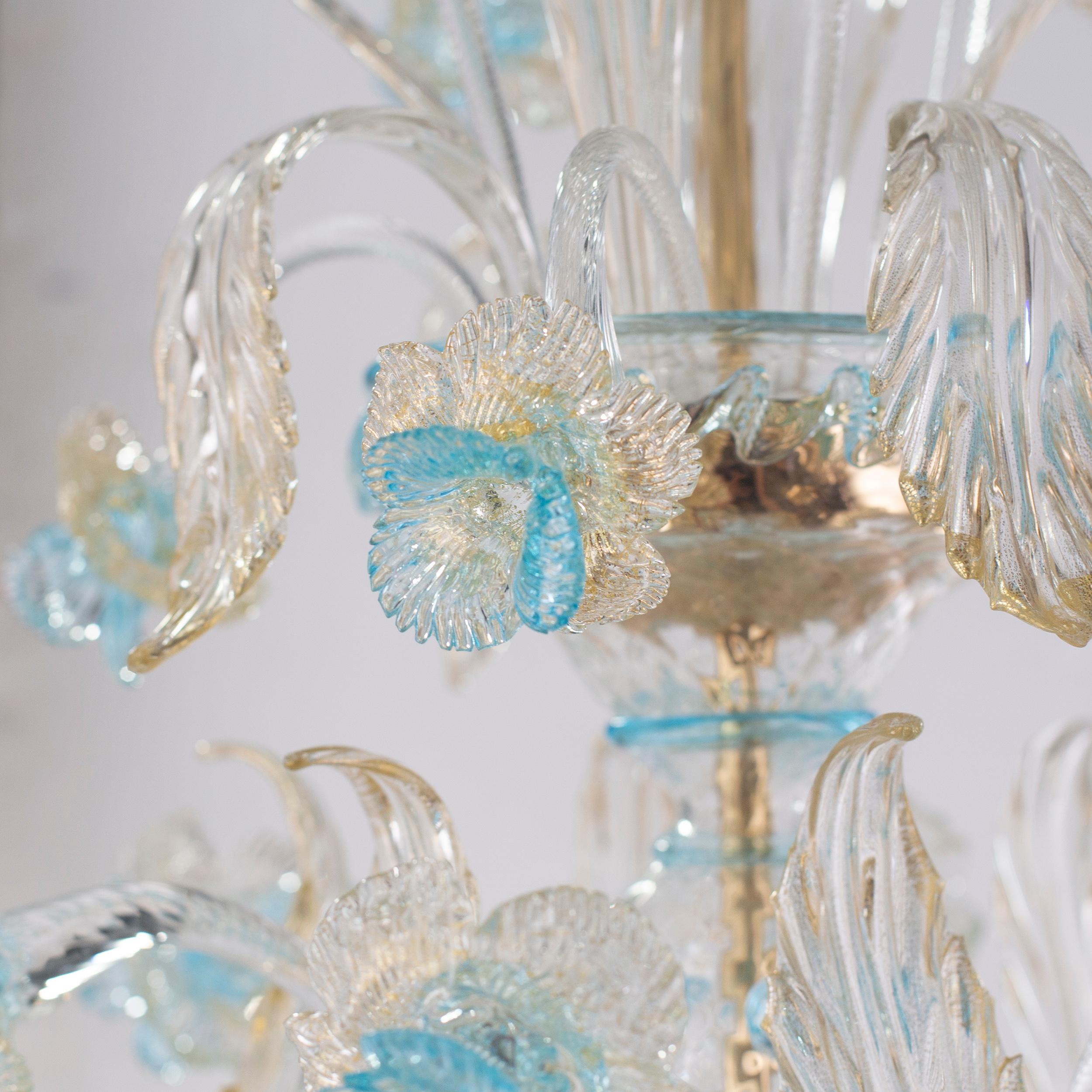 XXI secolo e contemporaneo Lampadario Rezzonico a 6 bracci con fiori artistici in vetro chiaro acquamarina Multiforme in vendita