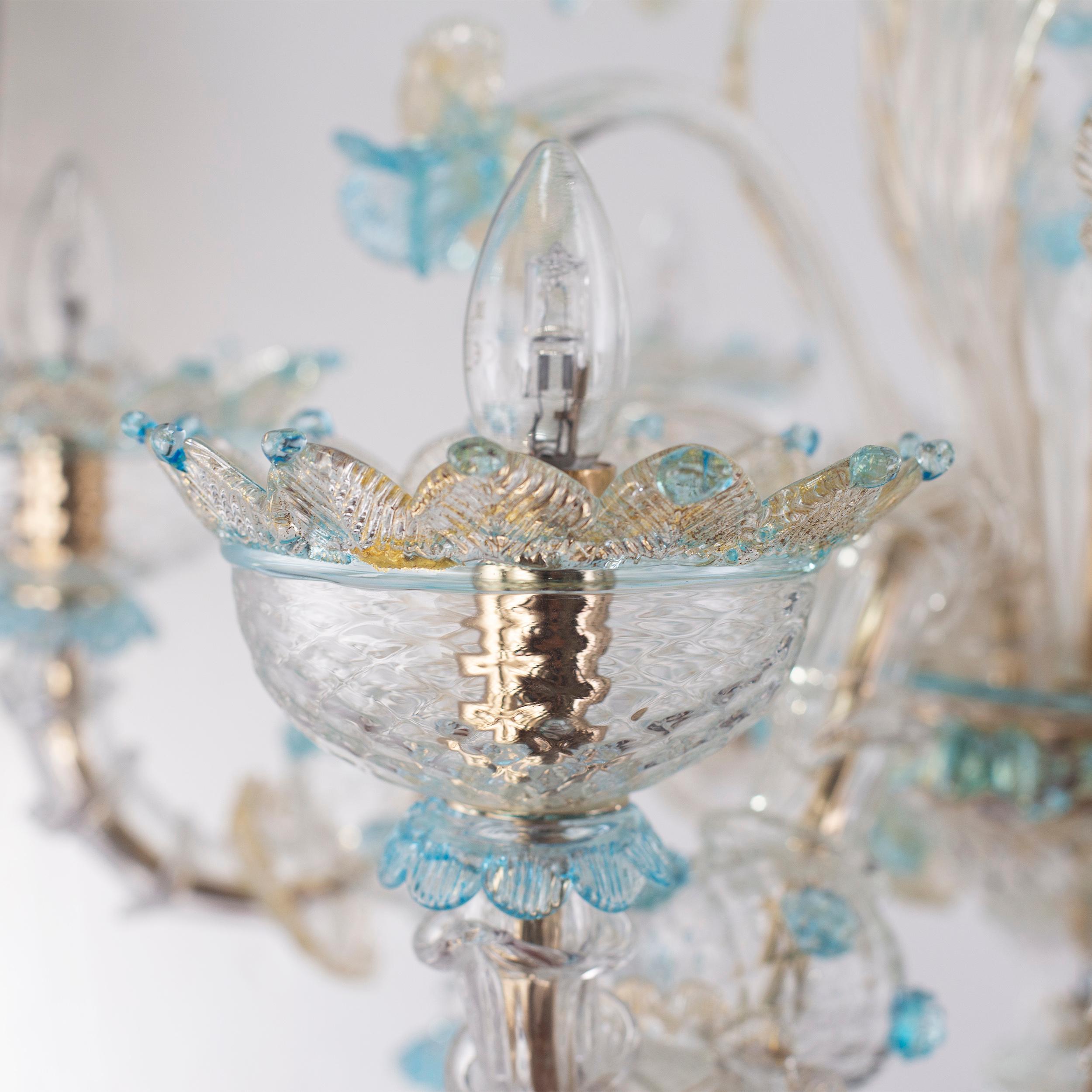 Vetro soffiato Lampadario Rezzonico a 6 bracci con fiori artistici in vetro chiaro acquamarina Multiforme in vendita