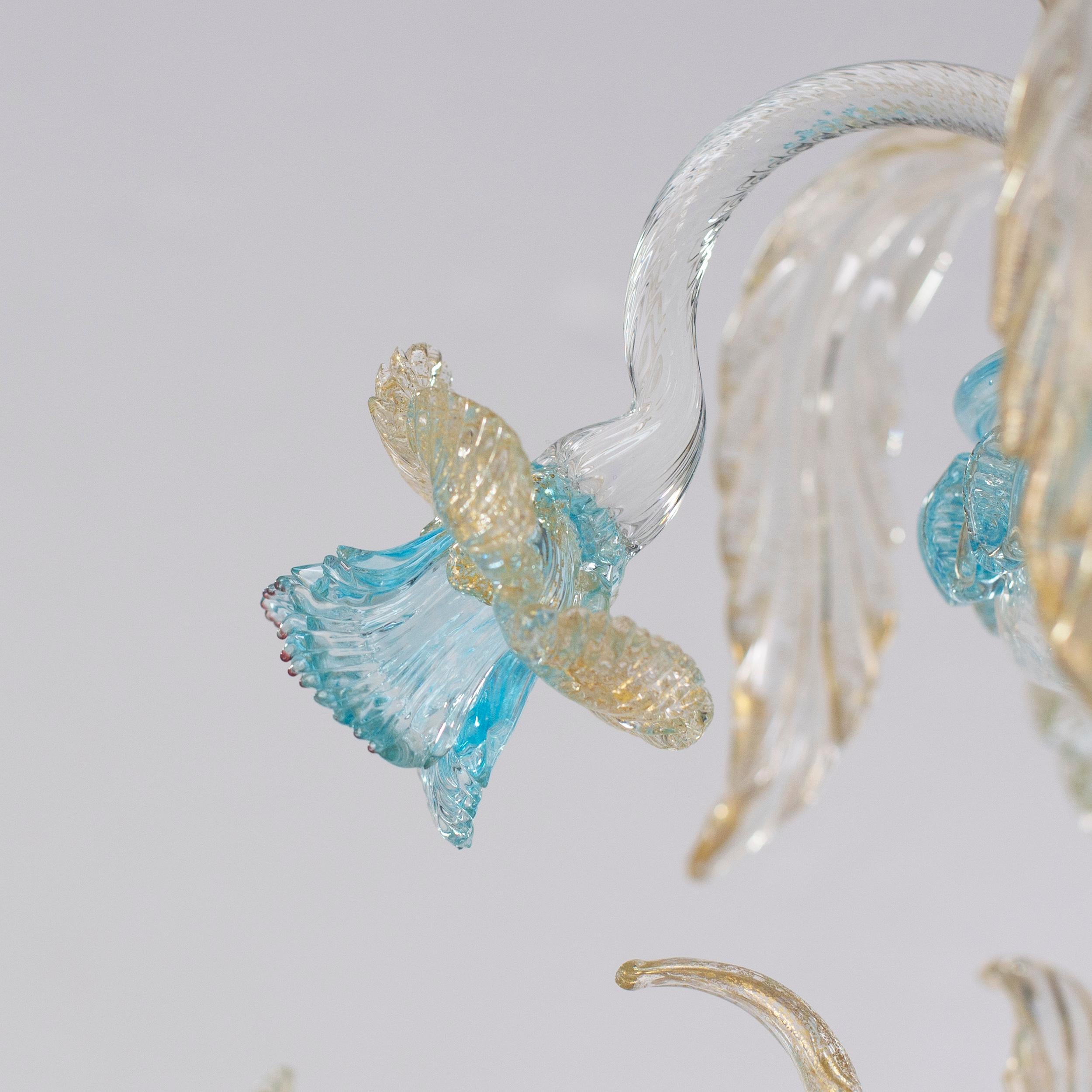Lampadario Rezzonico a 6 bracci con fiori artistici in vetro chiaro acquamarina Multiforme in vendita 2
