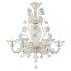 Lampadario Rezzonico a 6 bracci con fiori artistici in vetro chiaro acquamarina Multiforme