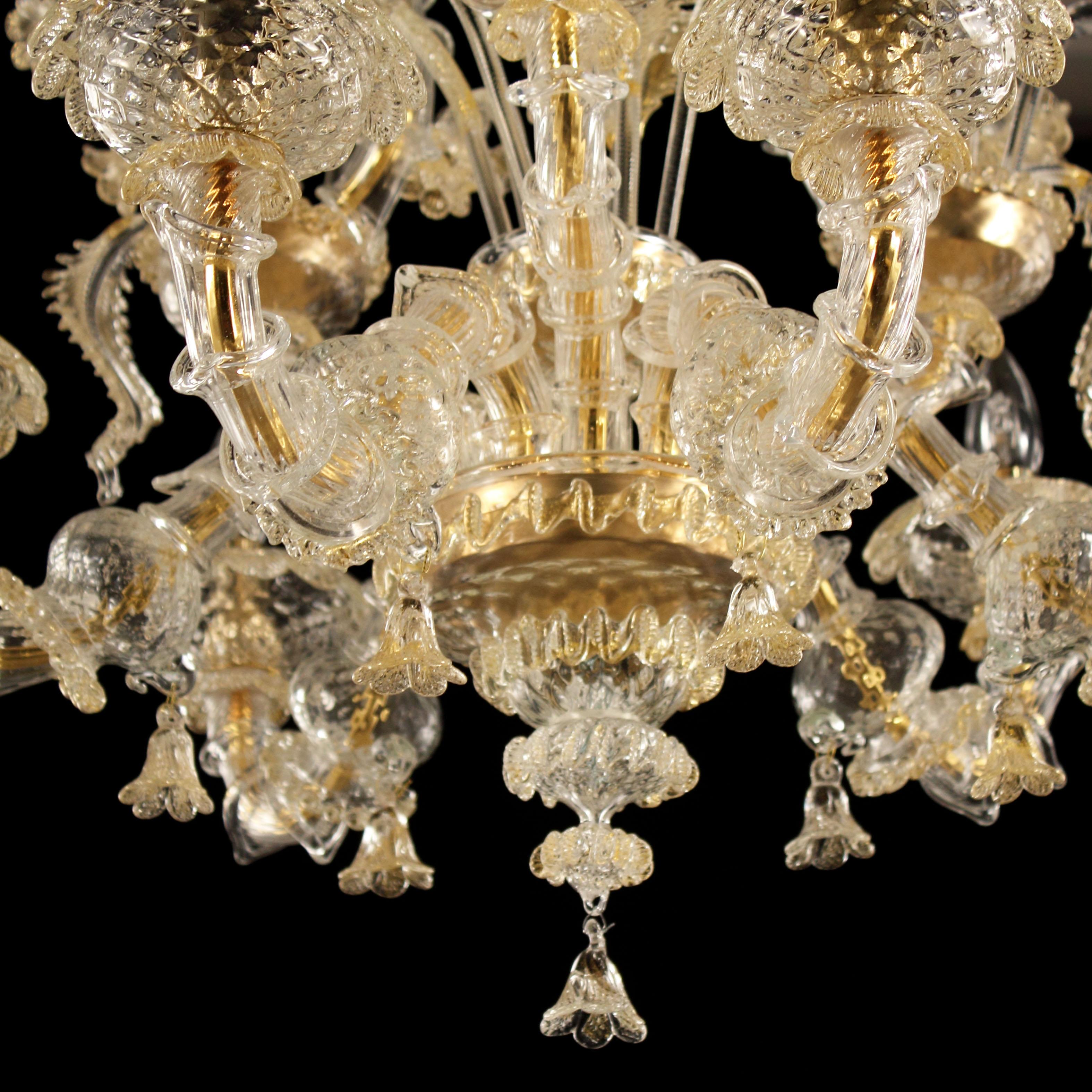 Blown Glass Italian Rezzonico Chandelier 6 Arms Murano clear gold Glass Caesar by Multiforme For Sale