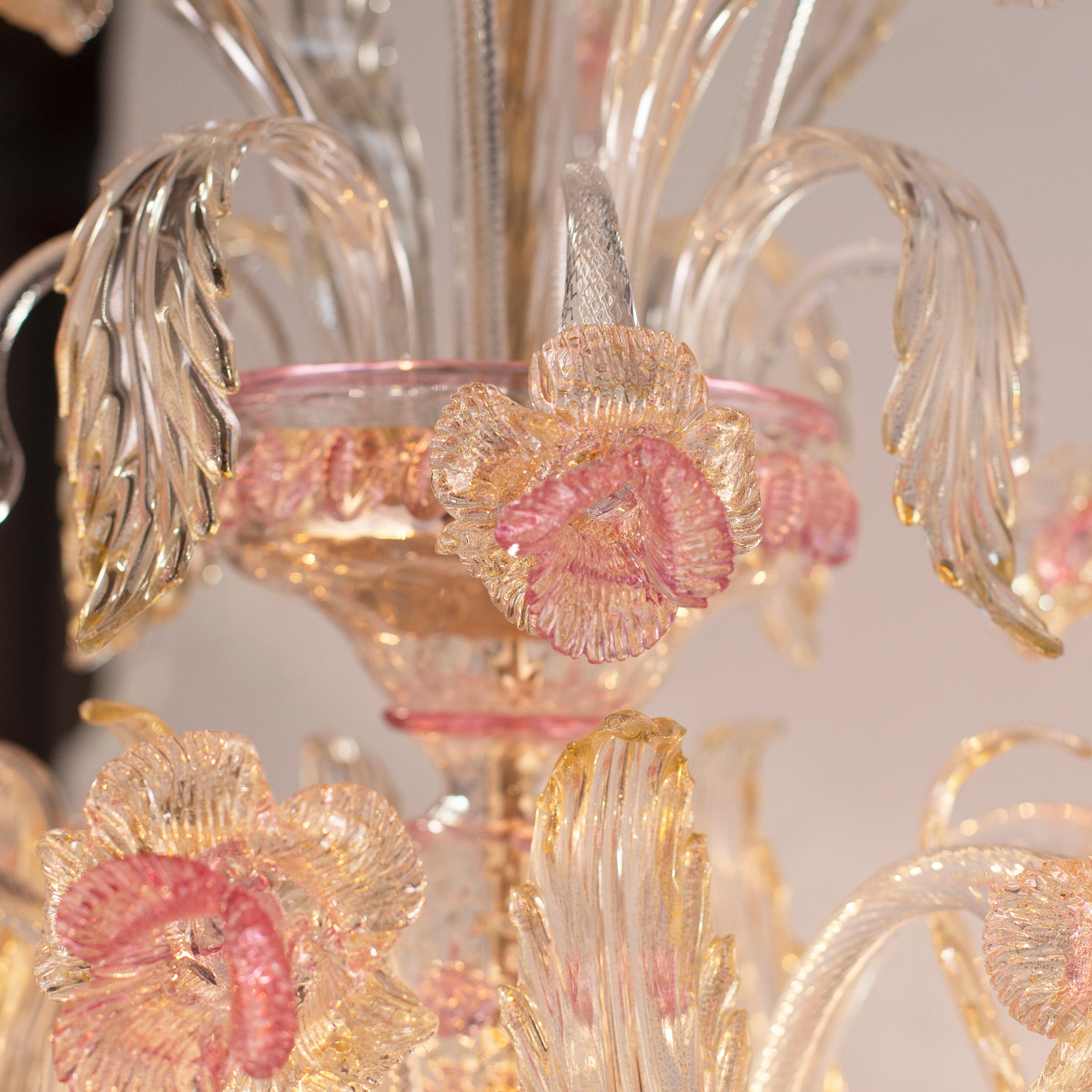 Lámpara de araña Rezzonico de 6 brazos Flores artísticas de cristal transparente, dorado y rosa by Multiforme.
Es un modelo imperecedero, un producto Clásico fabricado por nuestros hábiles maestros vidrieros y totalmente personalizable.
Las técnicas